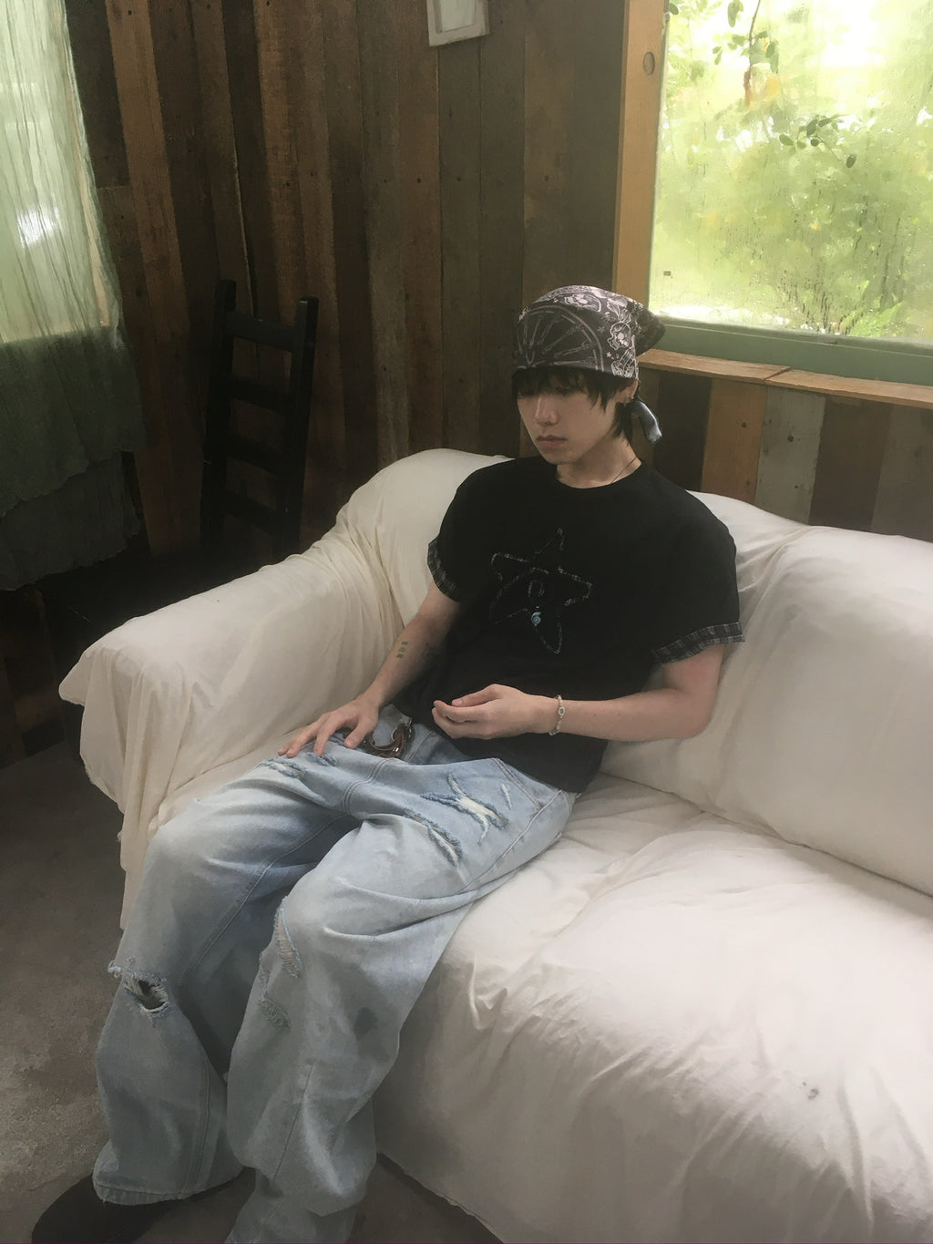 (★BEST) check star roll-up tee (black)