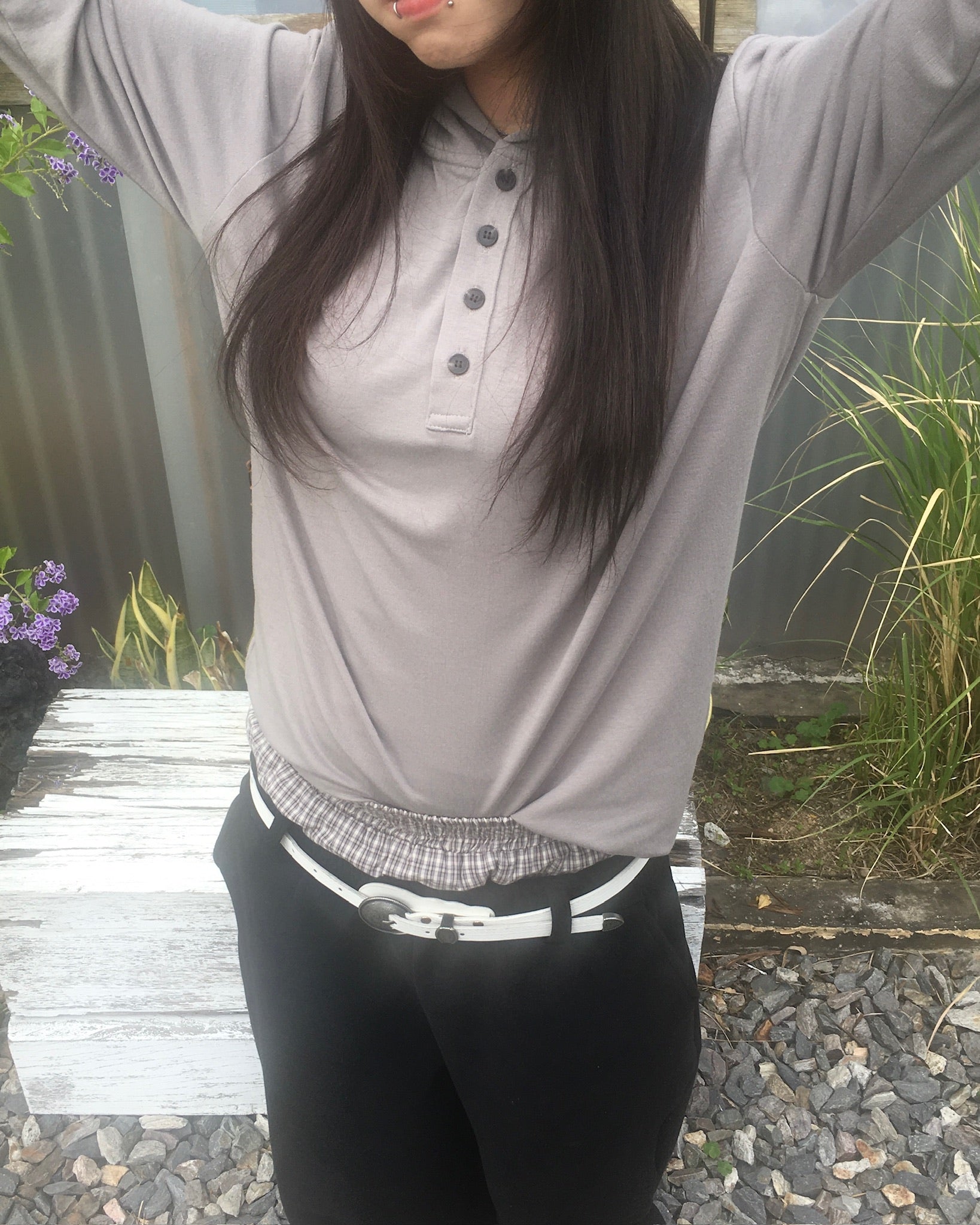 henley neck hooded shirt (ash brown)