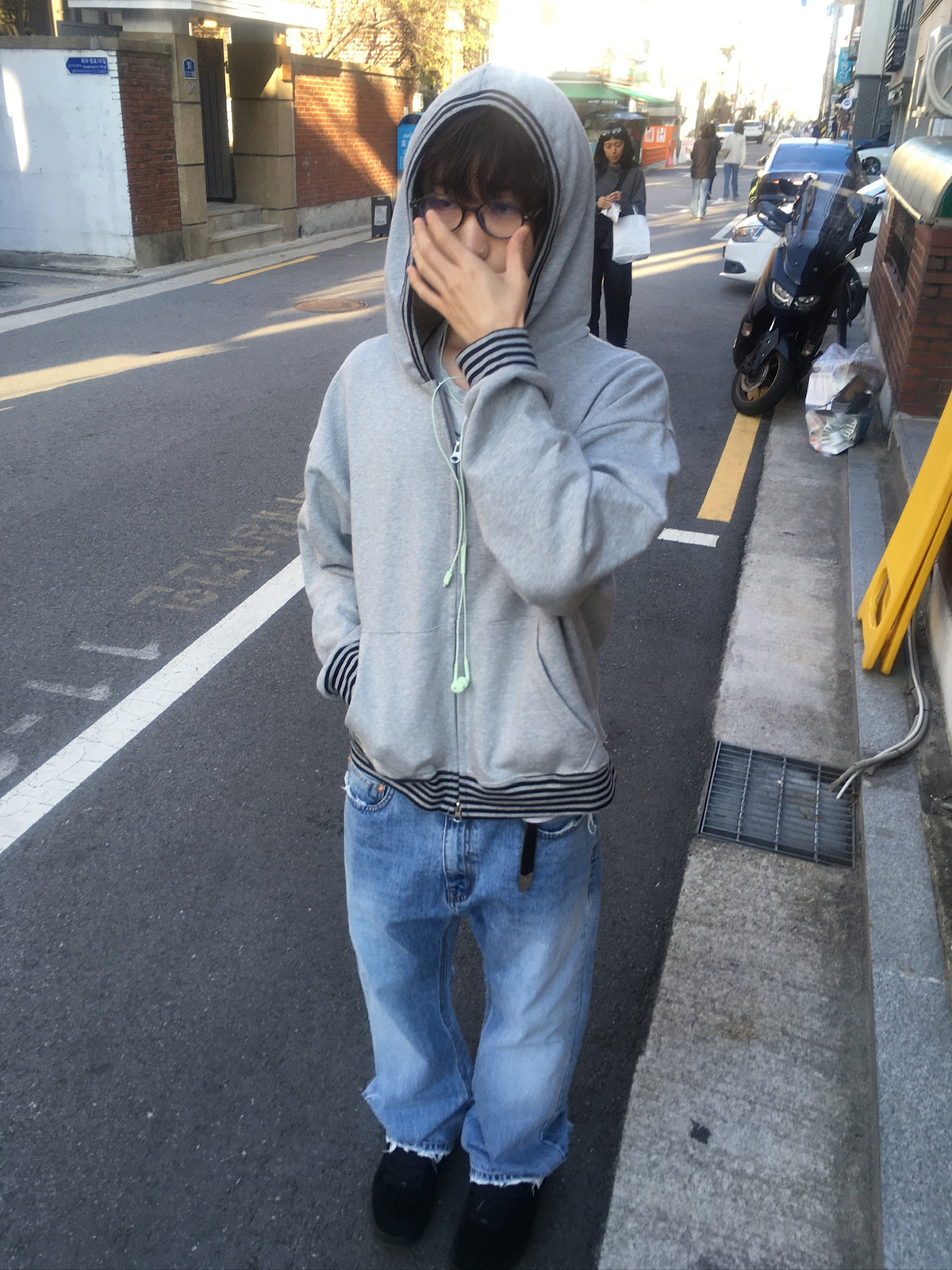 stripe trim hoodie zip up (grey)