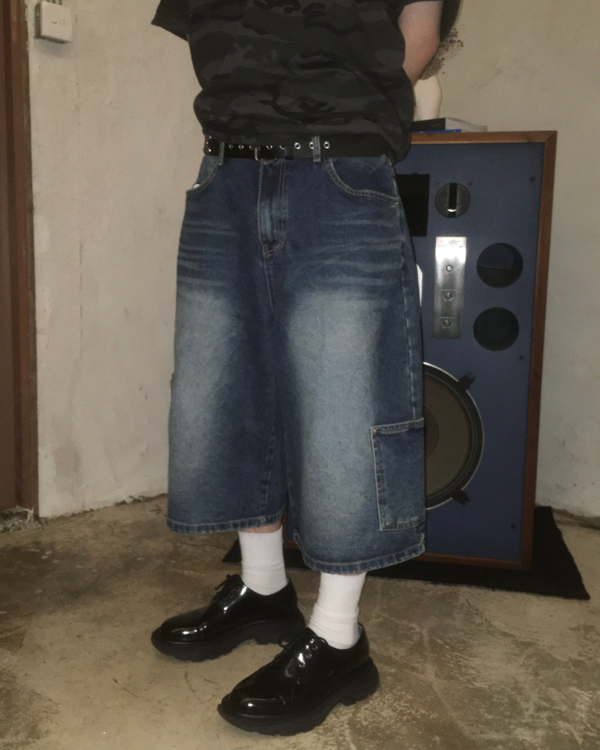 layered pocket bermuda jeans (blue)