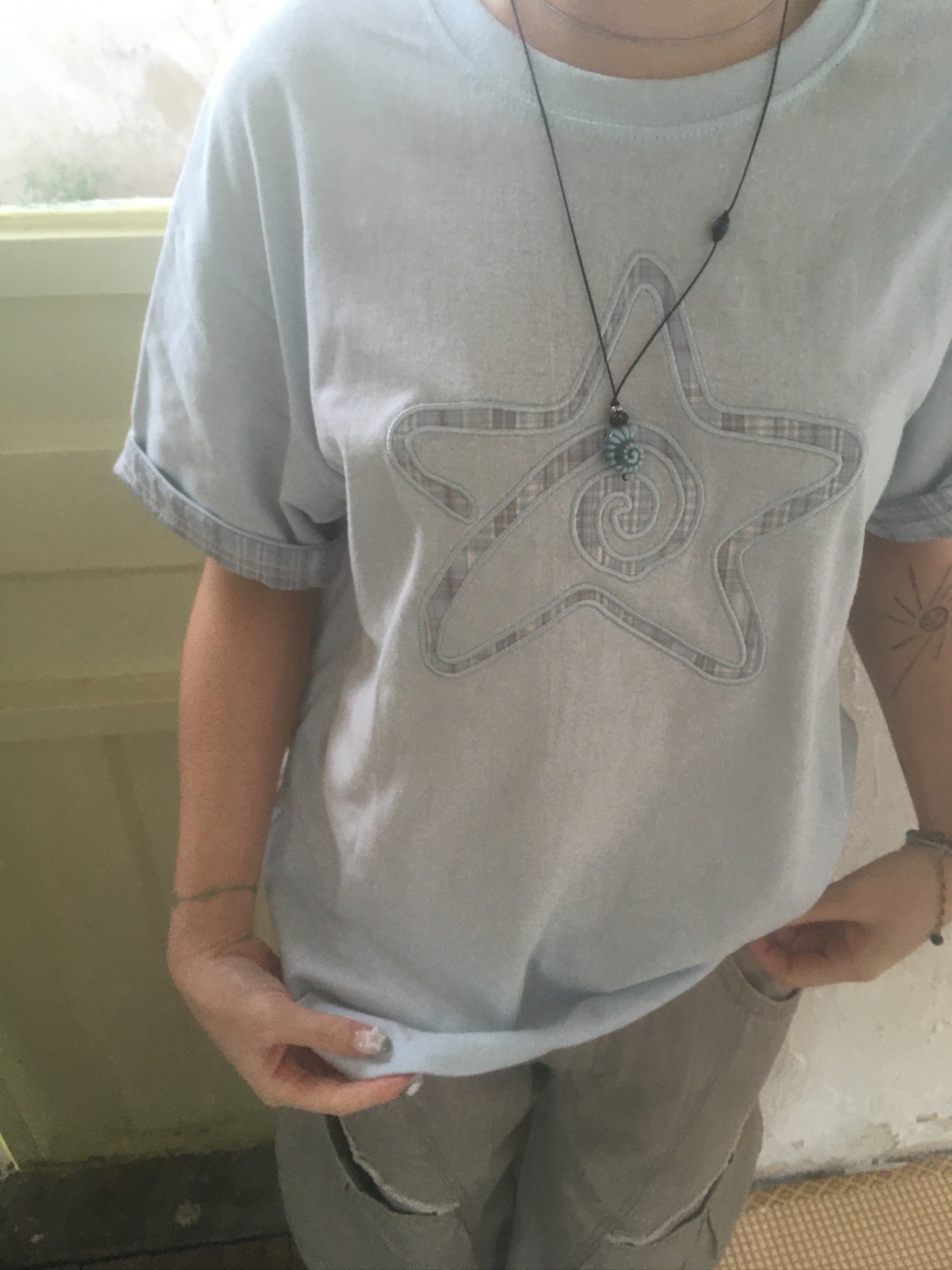 (★BEST) check star roll-up tee (sky blue)