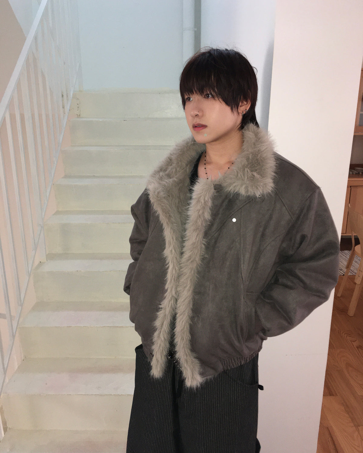 fur collar jacket (charcoal)