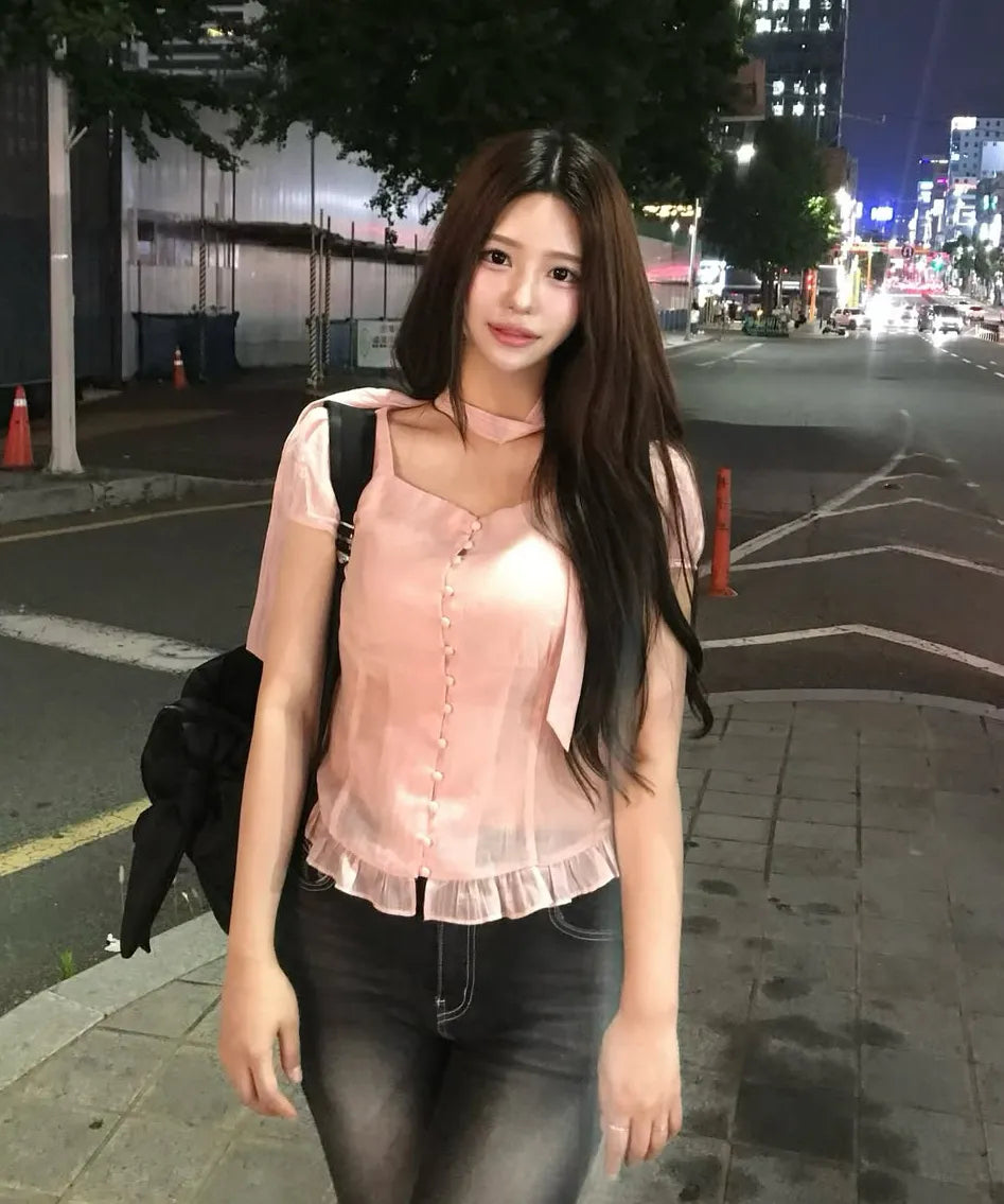 【𝘱𝘳𝘦-𝘰𝘳𝘥𝘦𝘳】ILLIGO Ribbon Tie Square Neck Blouse (PINK)