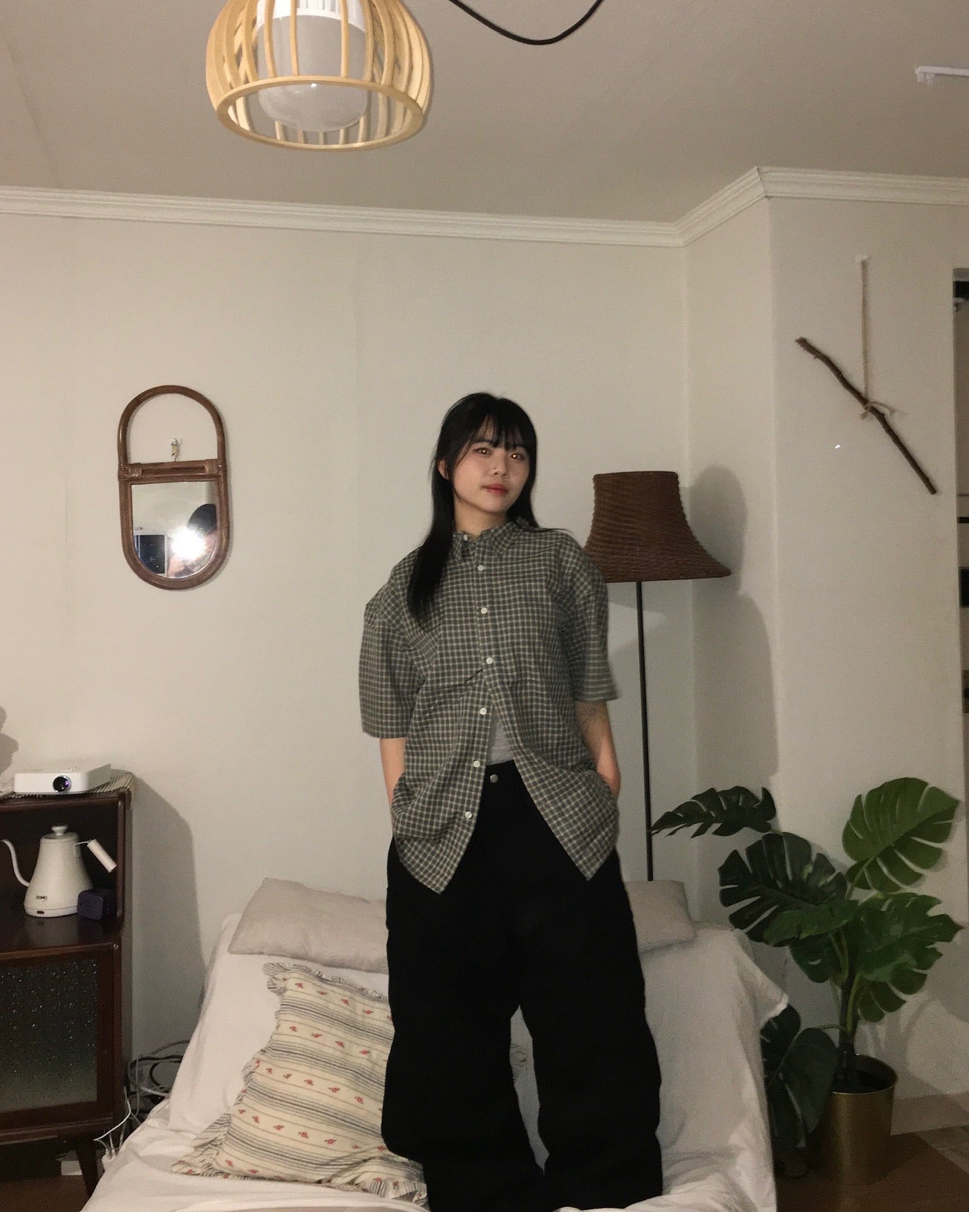 checked nylon shirt (khaki blue)