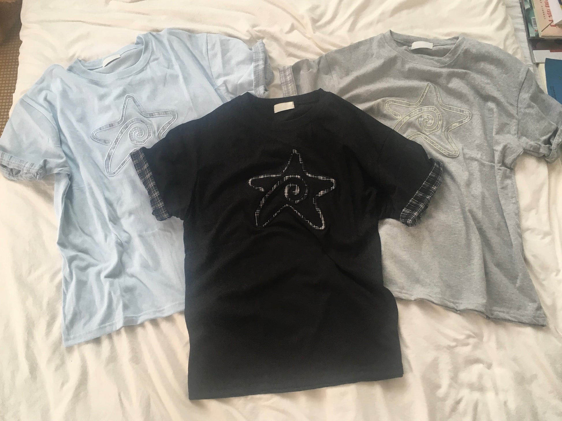 (★BEST) check star roll-up tee (sky blue)