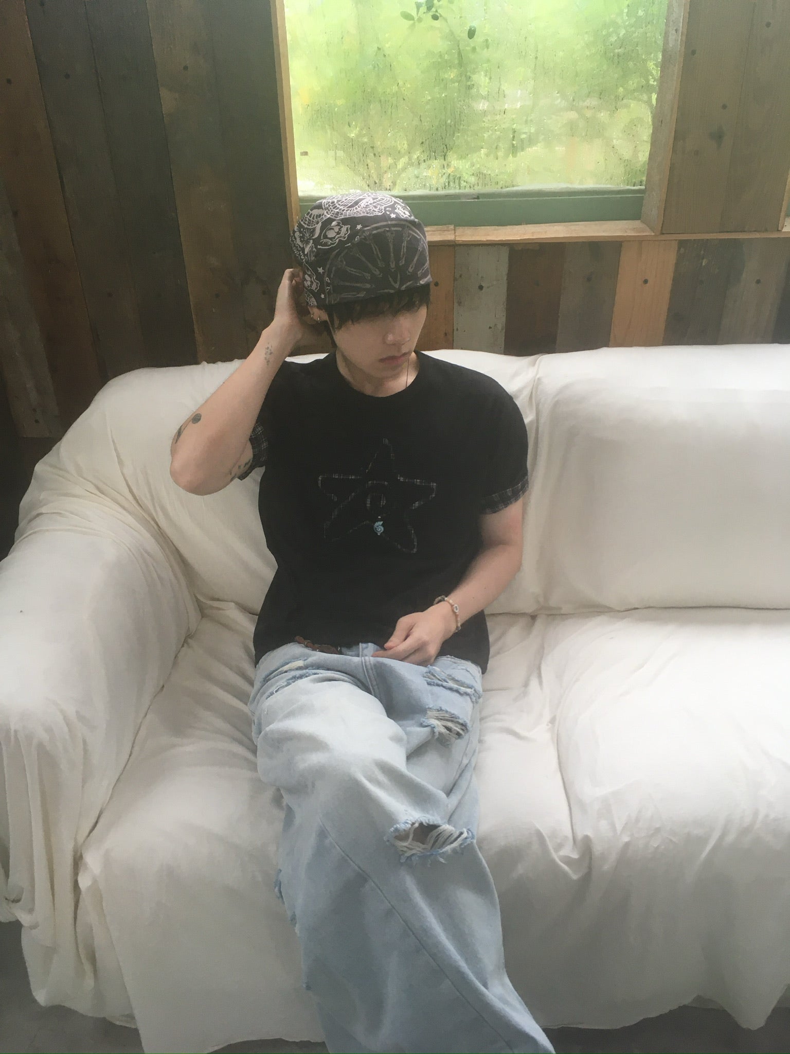 (★BEST) check star roll-up tee (black)