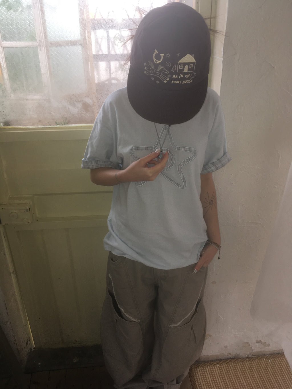 (★BEST) check star roll-up tee (sky blue)