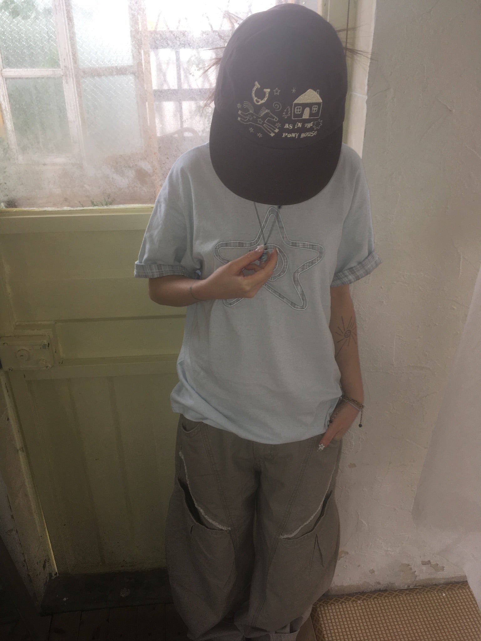 (★BEST) check star roll-up tee (sky blue)