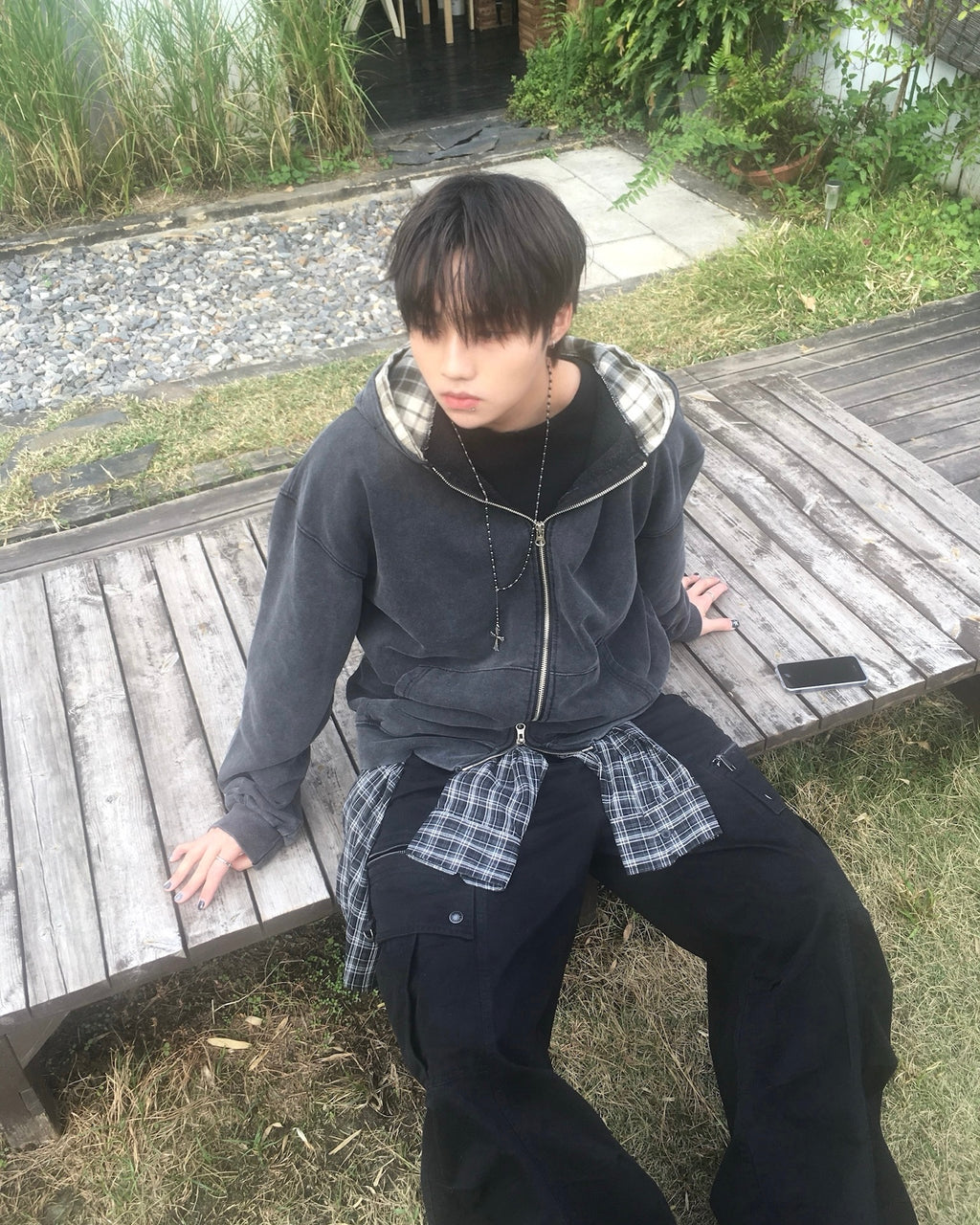 layered check zip-up hoodie