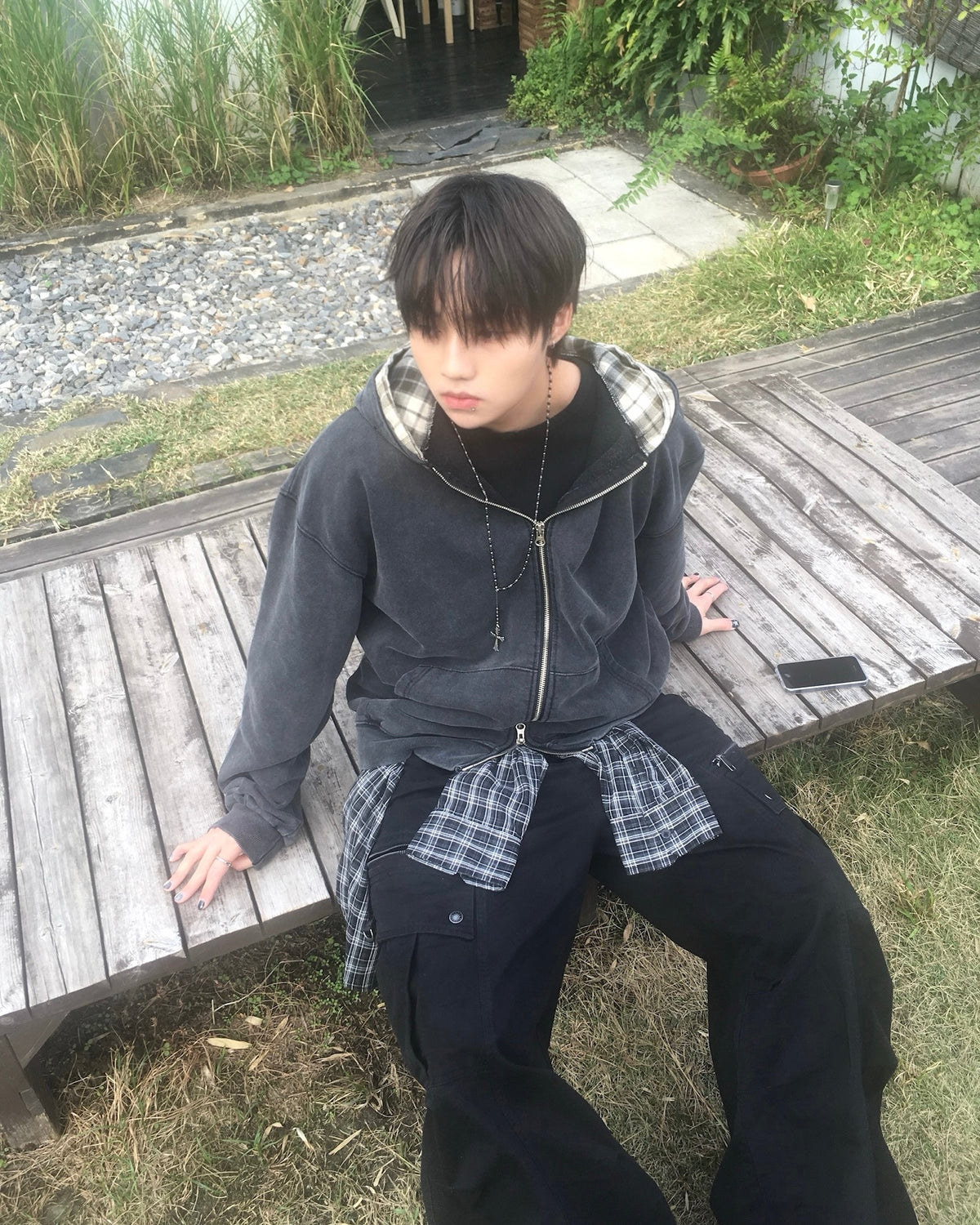 layered check zip-up hoodie