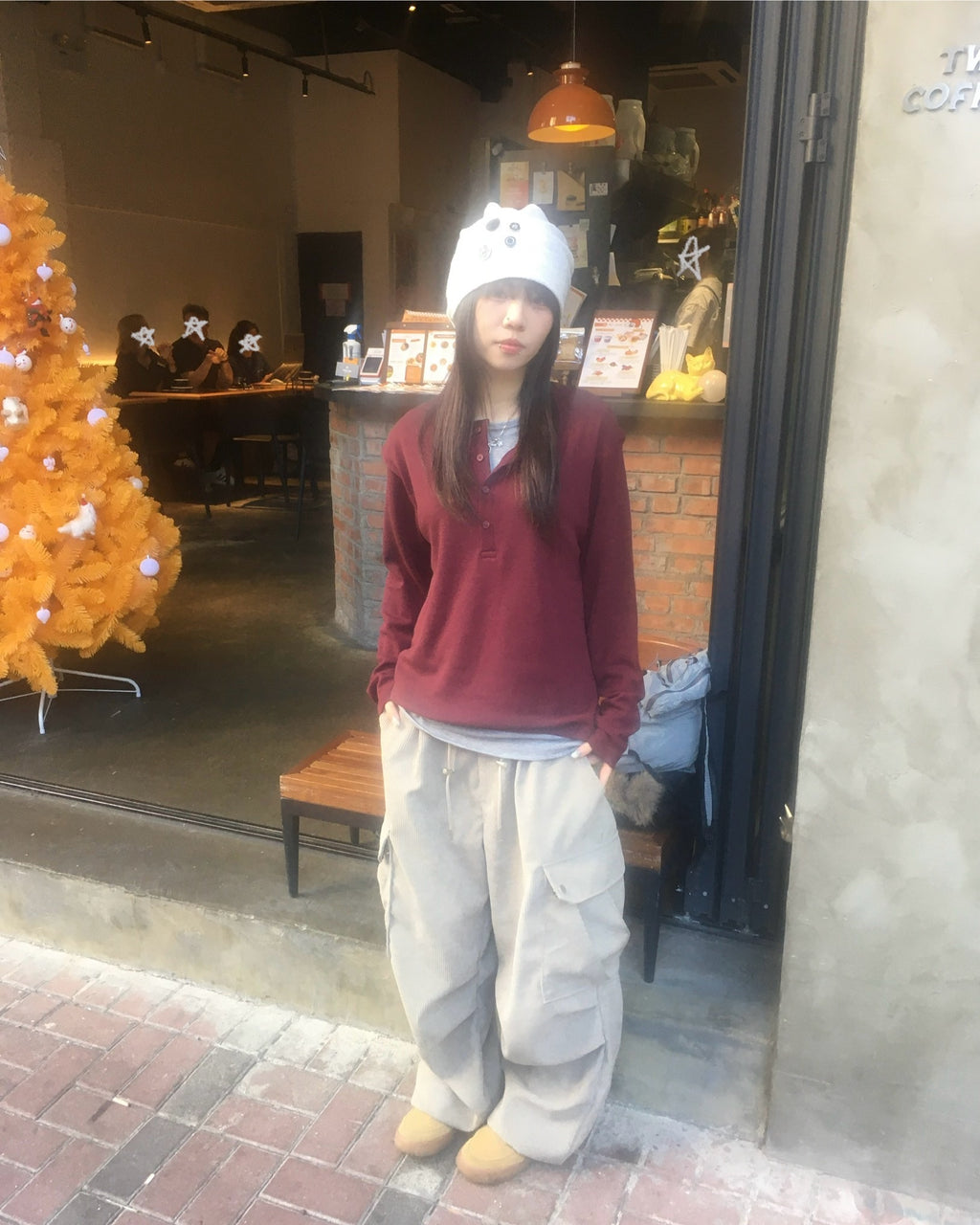 waffle henly neck shirt (wine)