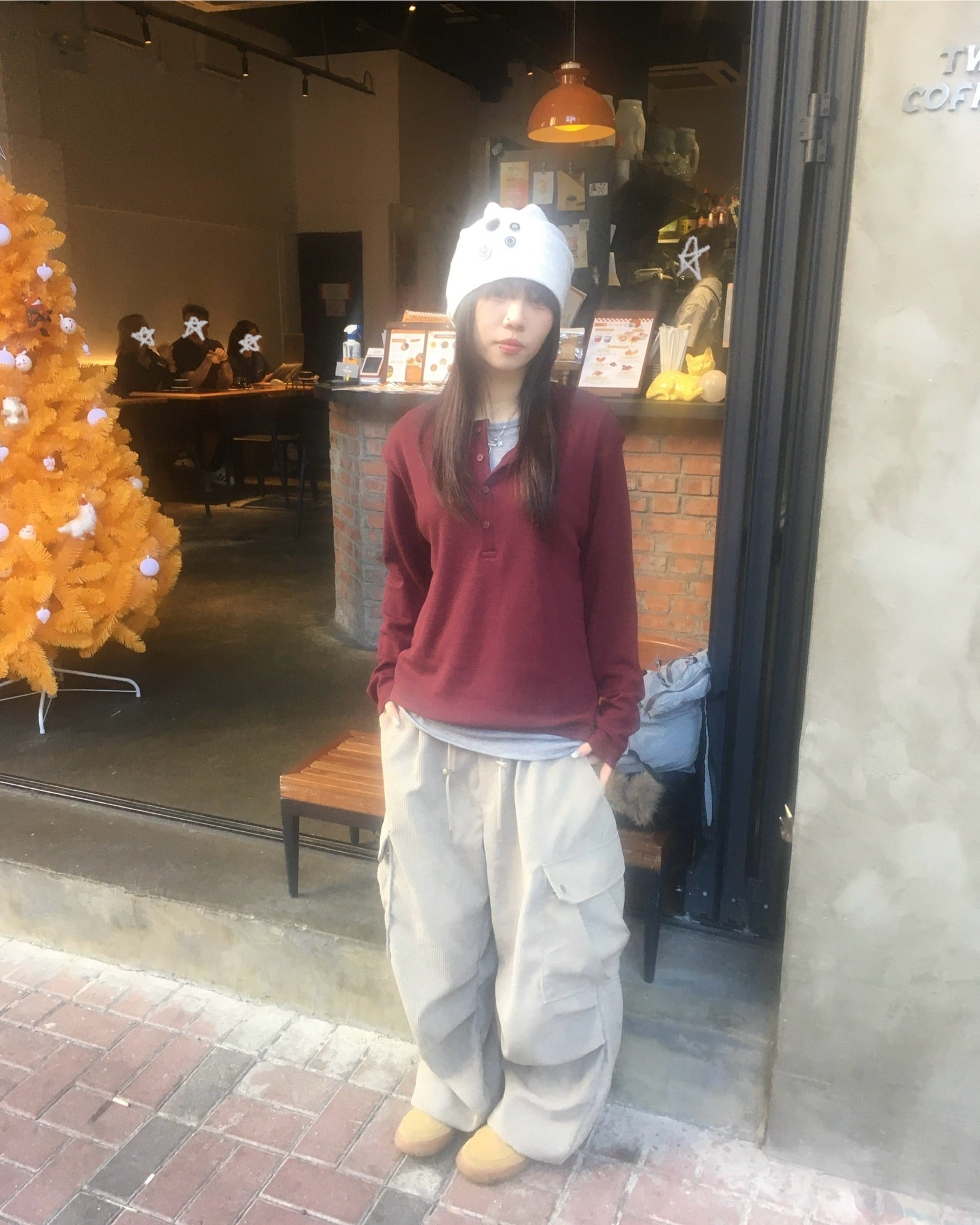 waffle henly neck shirt (wine)