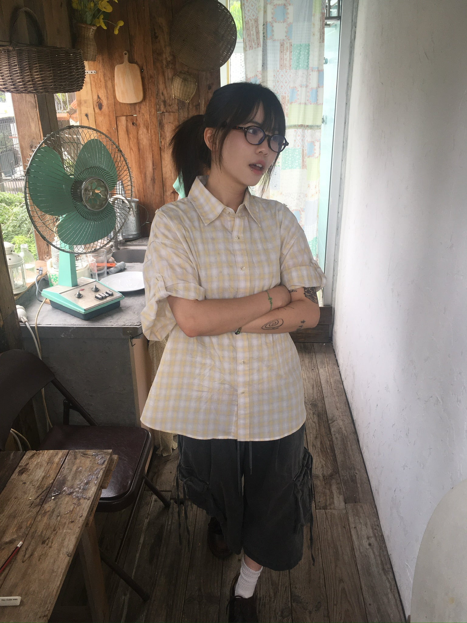 check linen shirt (yellow)