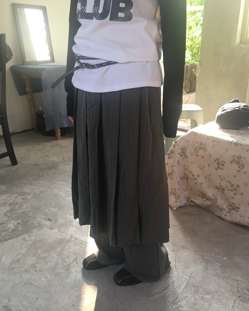 skirt stripe layered pants (grey)