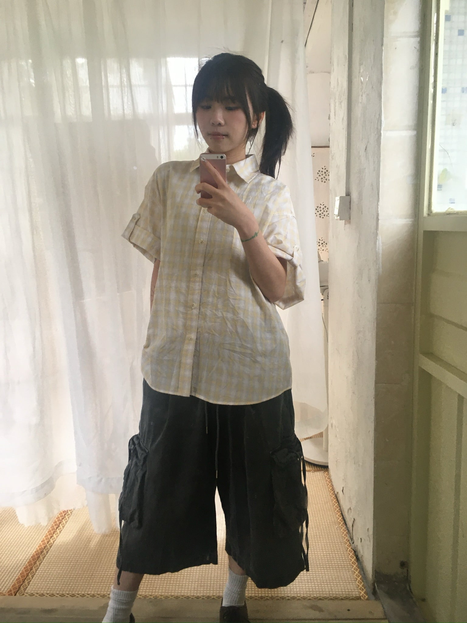 check linen shirt (yellow)