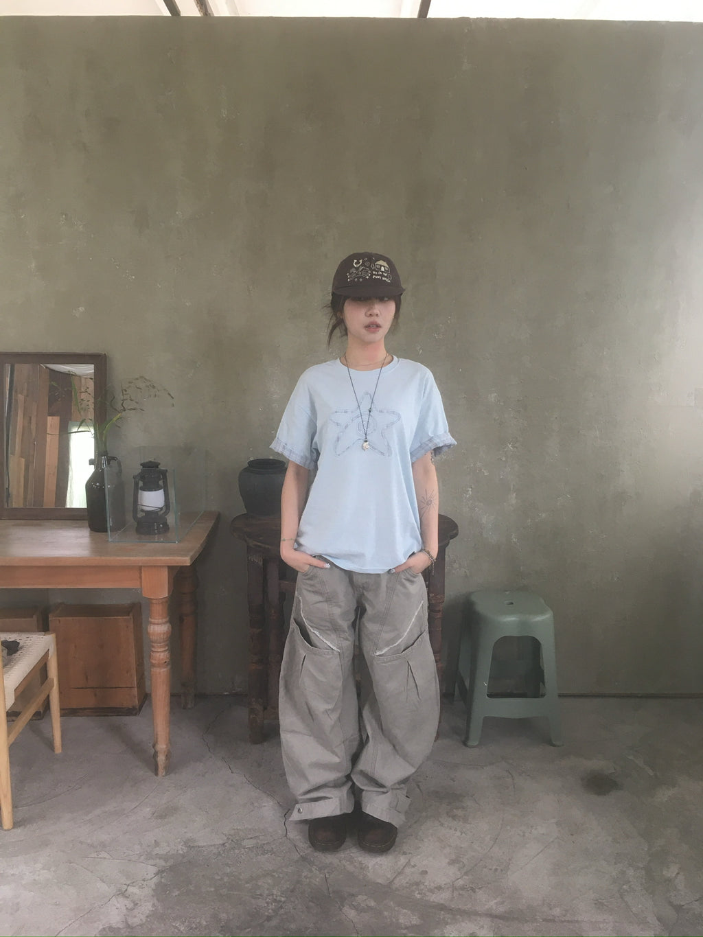 (★BEST) check star roll-up tee (sky blue)