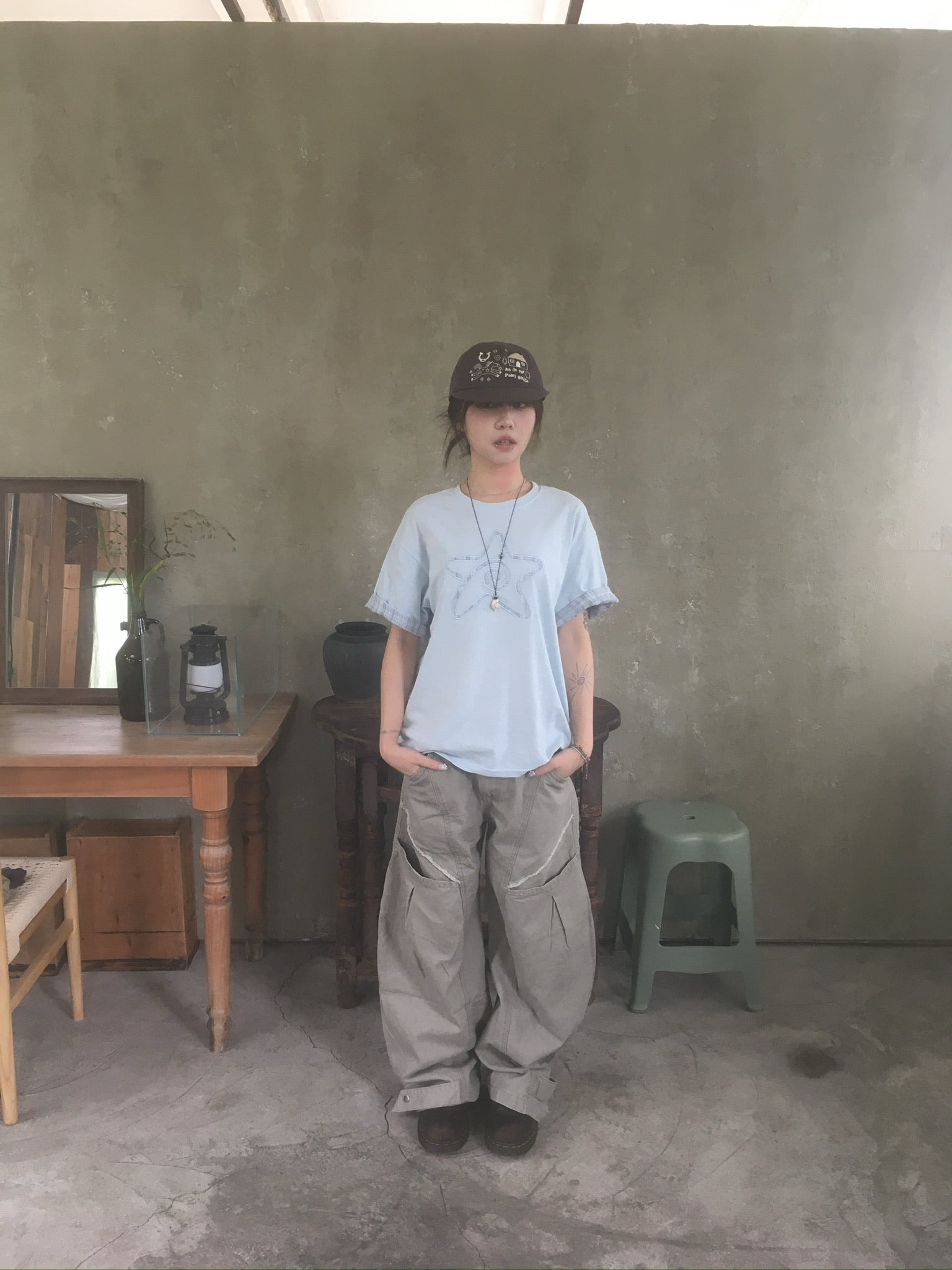 (★BEST) check star roll-up tee (sky blue)