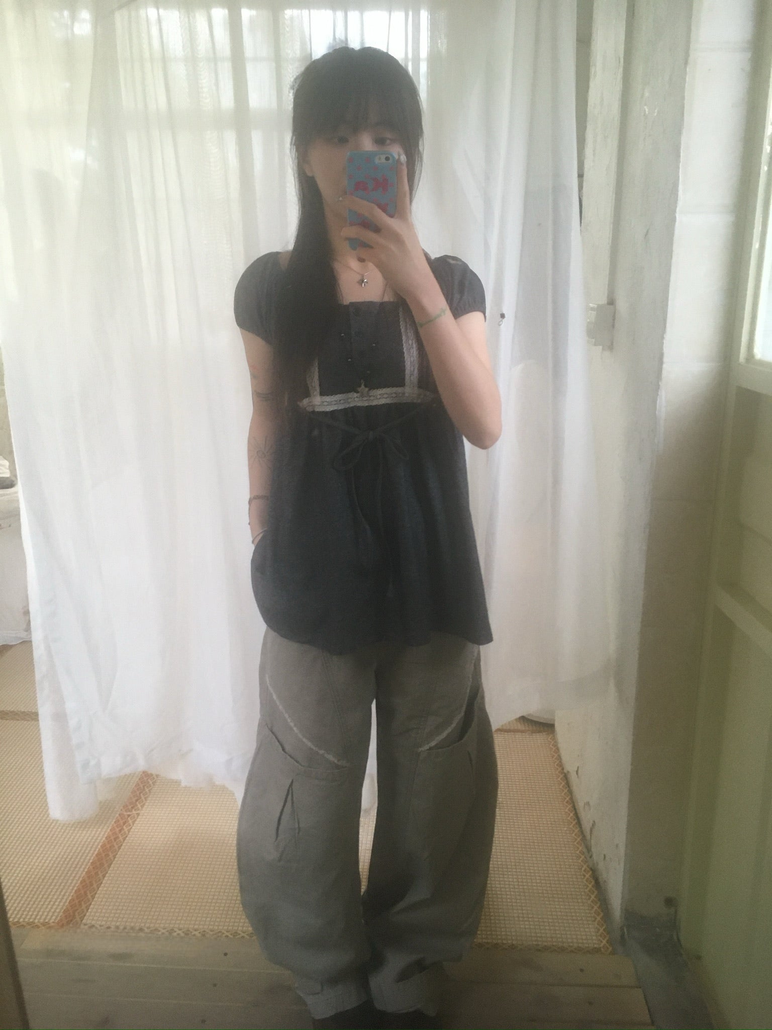 (★BEST) lace trim babydoll top (charcoal)