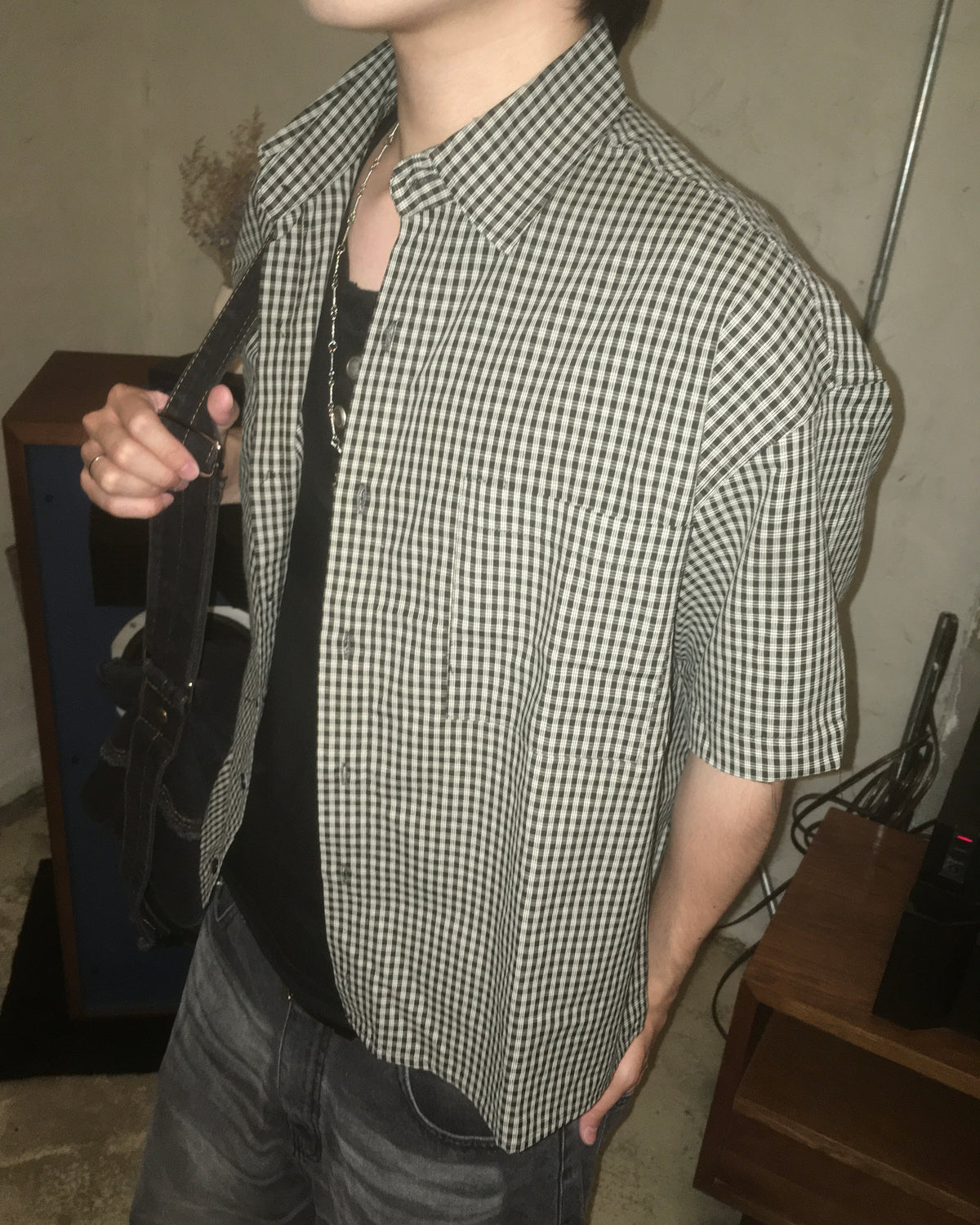 vintage crop checked shirt (black)