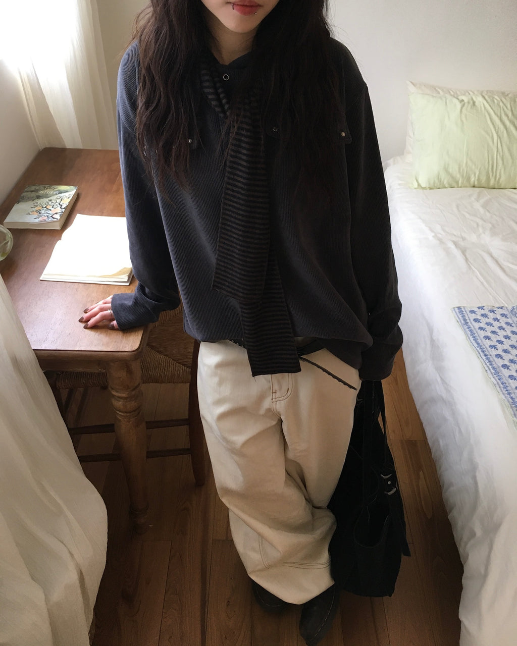 striped hooded scarf (brown)