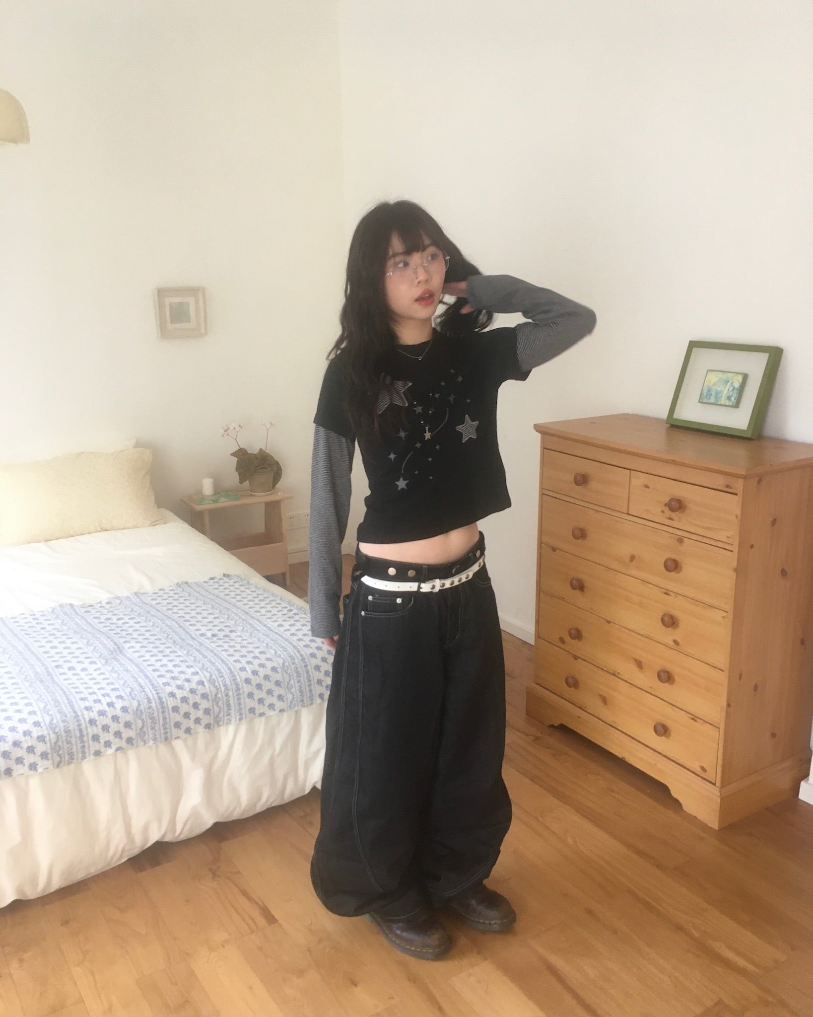 (★BEST) star stripe layered tee (black)