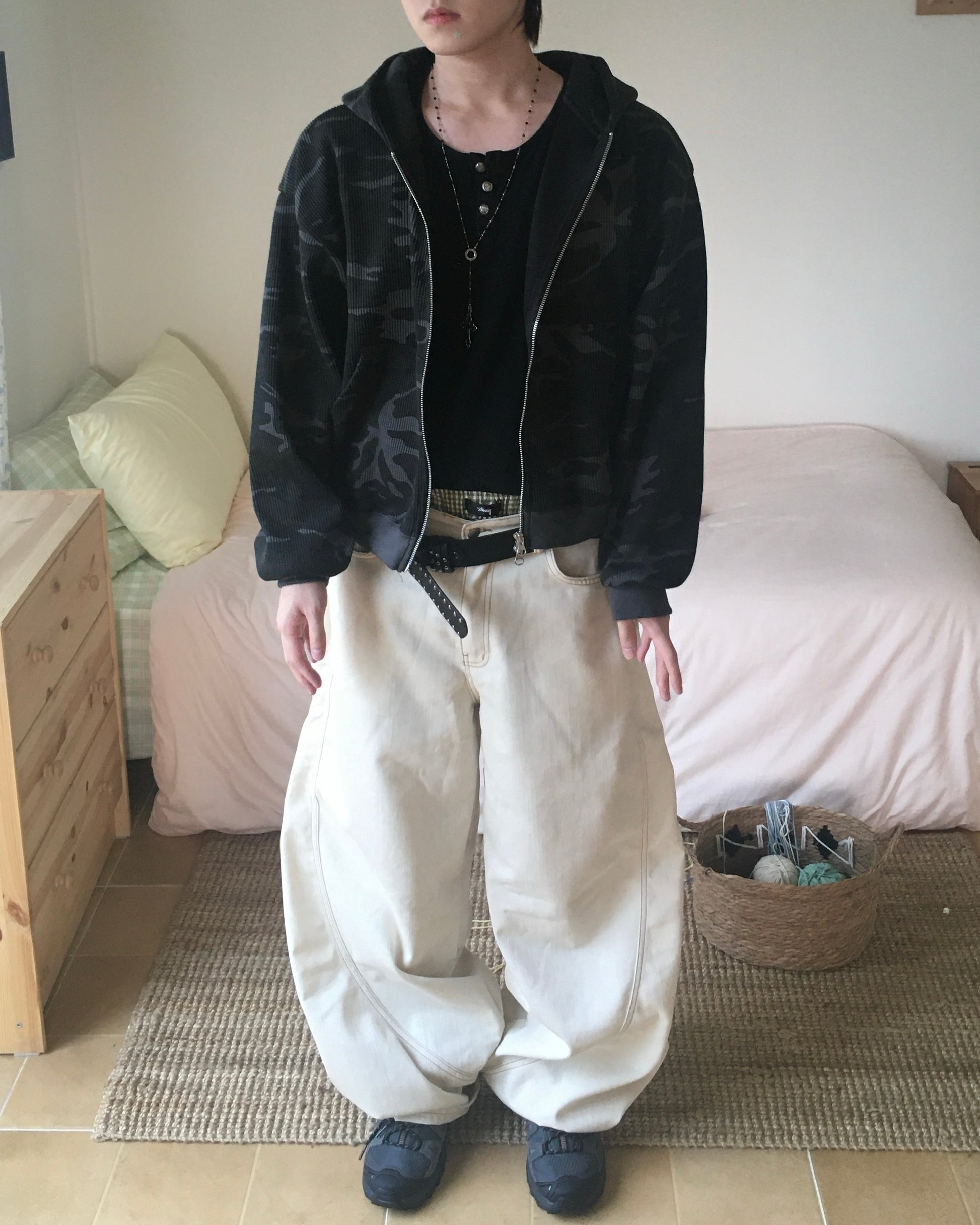 camo waffle zip-up hoodie (charcoal)