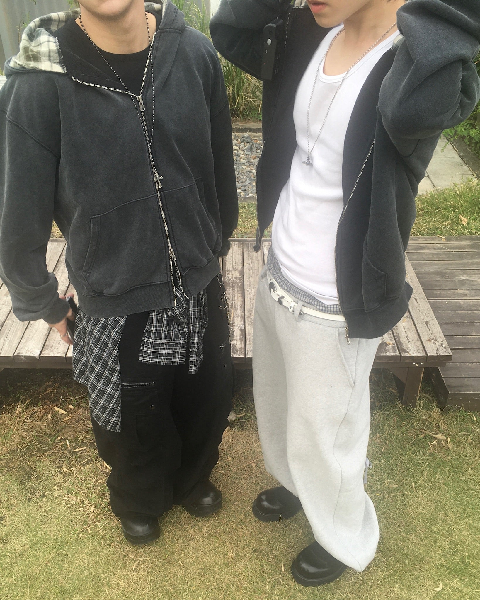 layered check zip-up hoodie