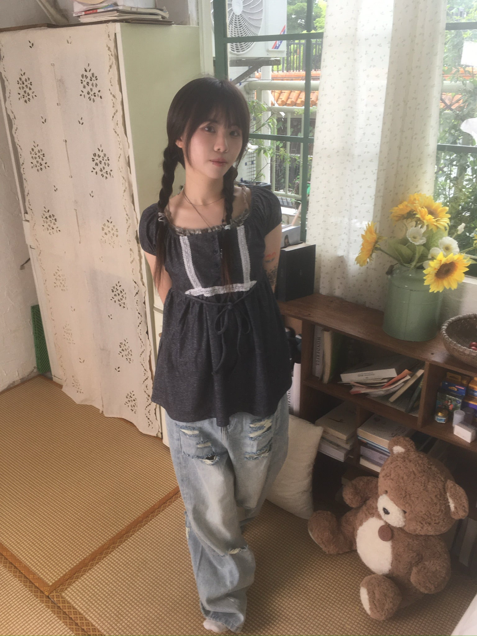 (★BEST) lace trim babydoll top (charcoal)