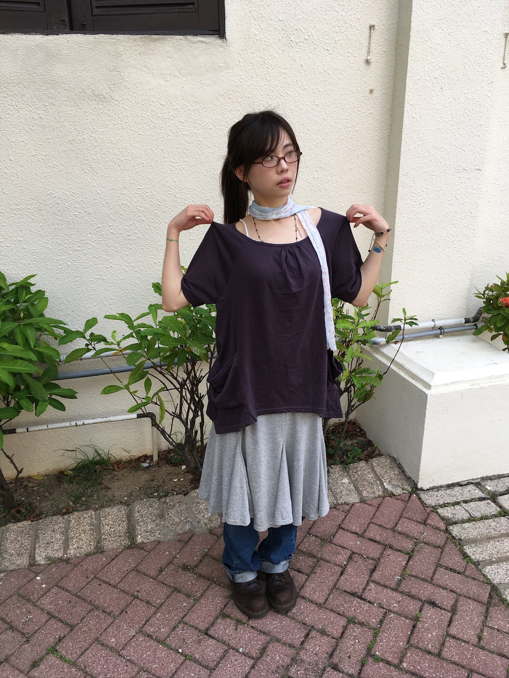 stripe waist flowy midi skirt (grey)