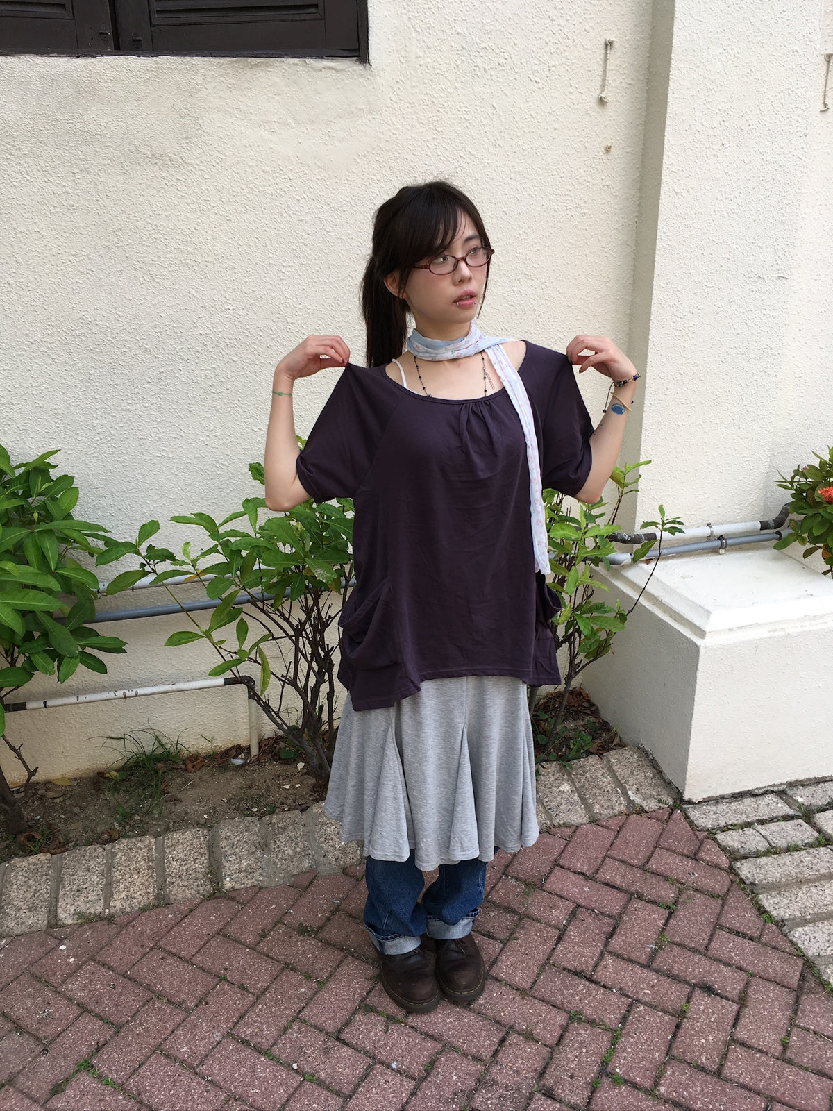 stripe waist flowy midi skirt (grey)