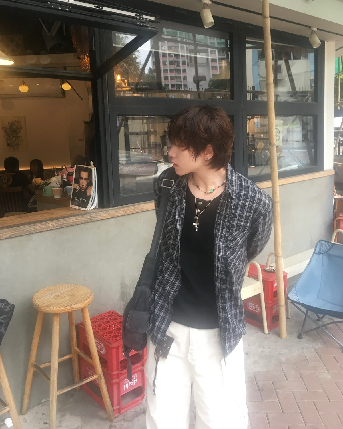 double pocket checked shirt (black)