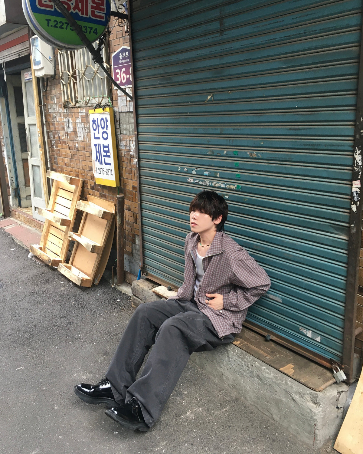 checked zipper jacket (sky/brown)
