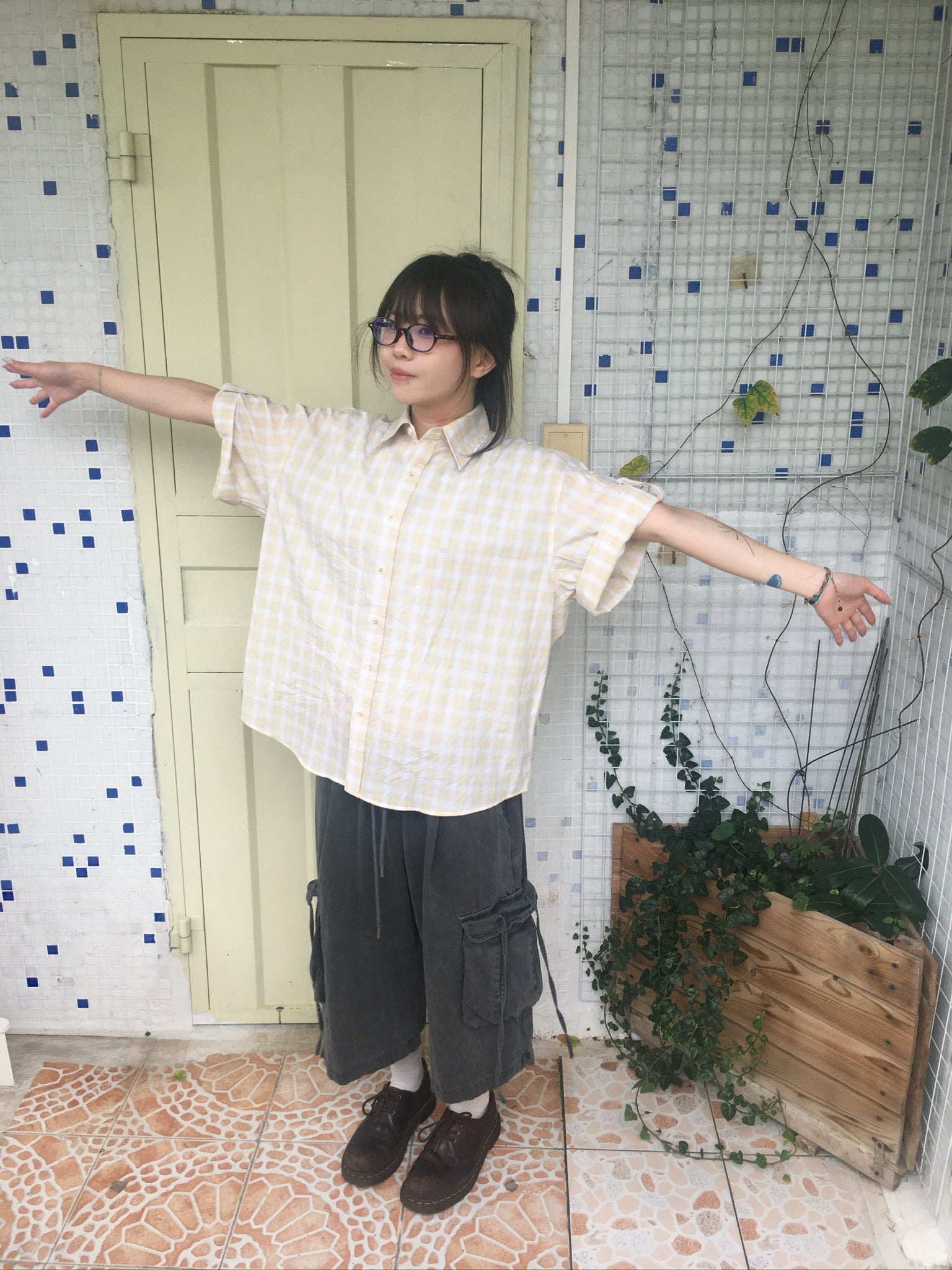 check linen shirt (yellow)