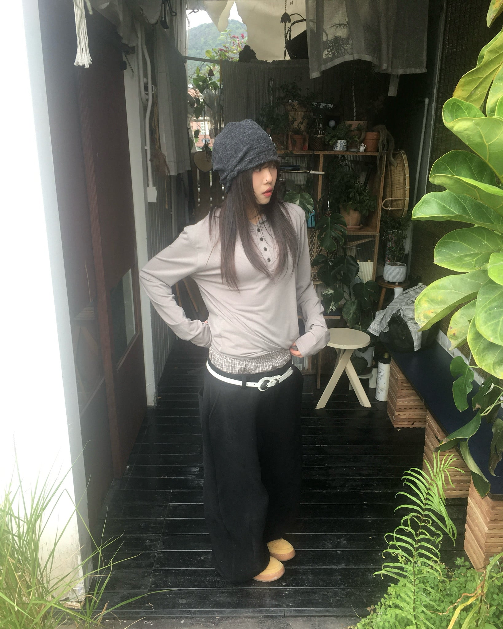 henley neck hooded shirt (ash brown)