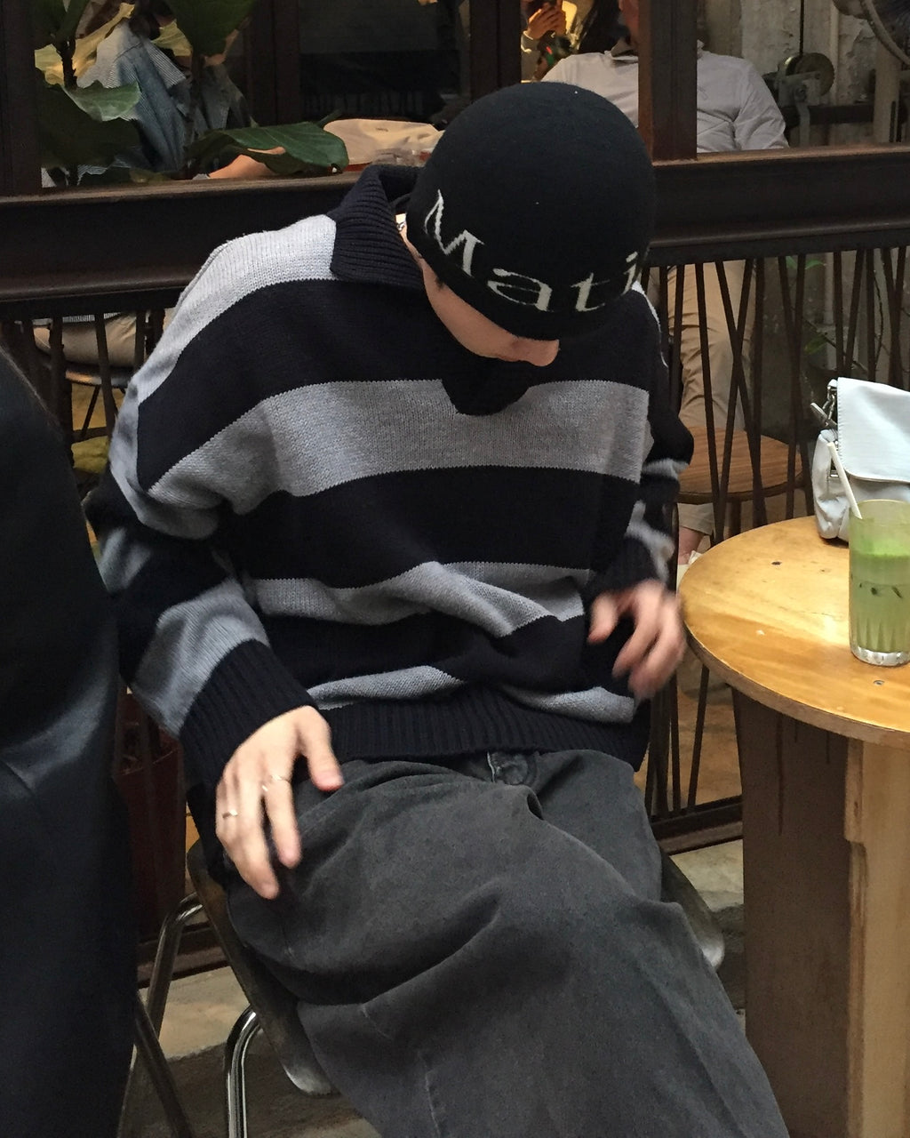 V neck stripe knit polo