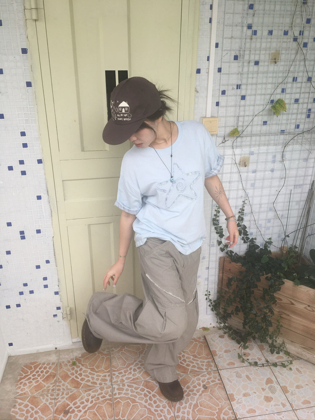 (★BEST) check star roll-up tee (sky blue)