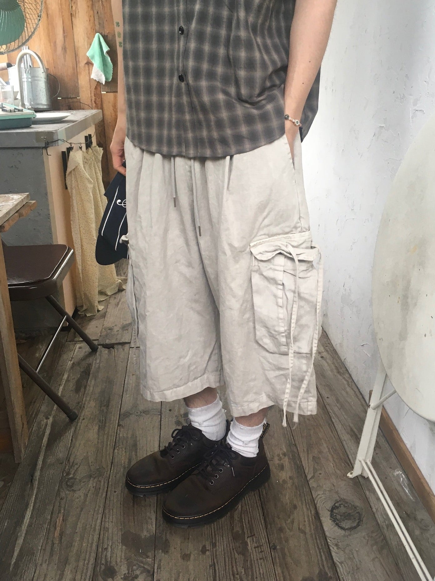 drawstring half cargo pants (beige)