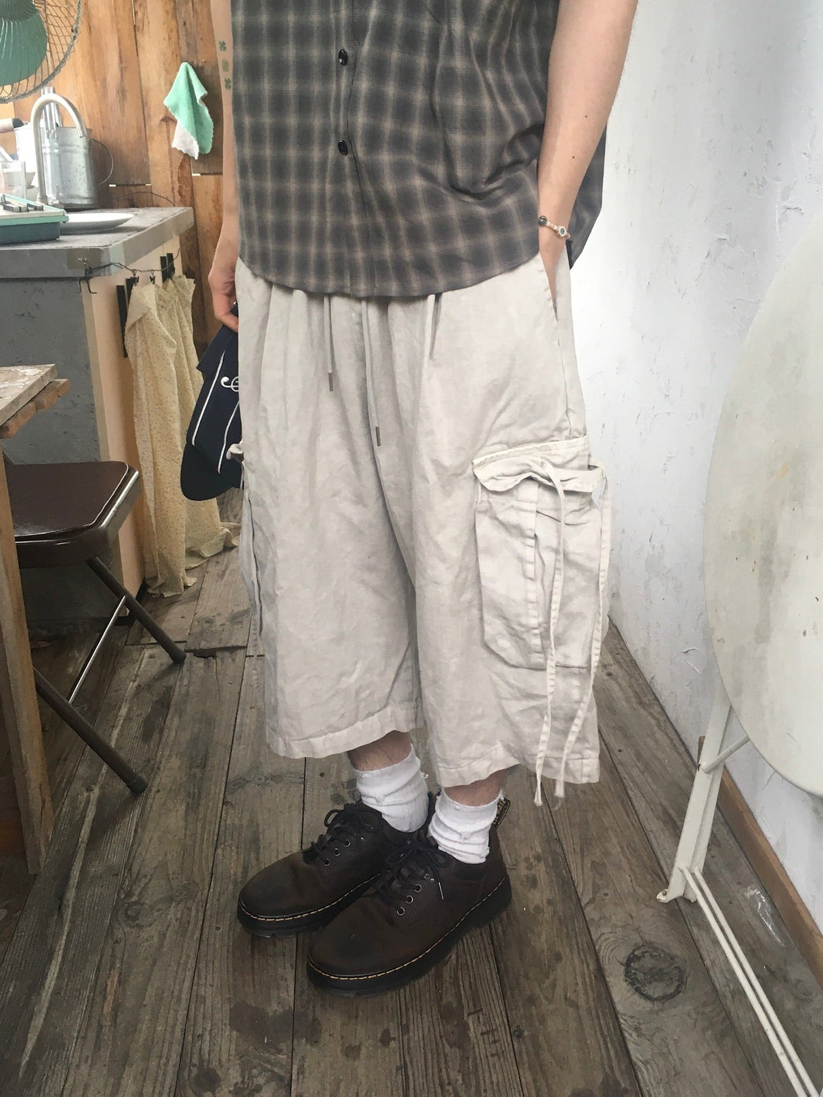 drawstring half cargo pants (beige)