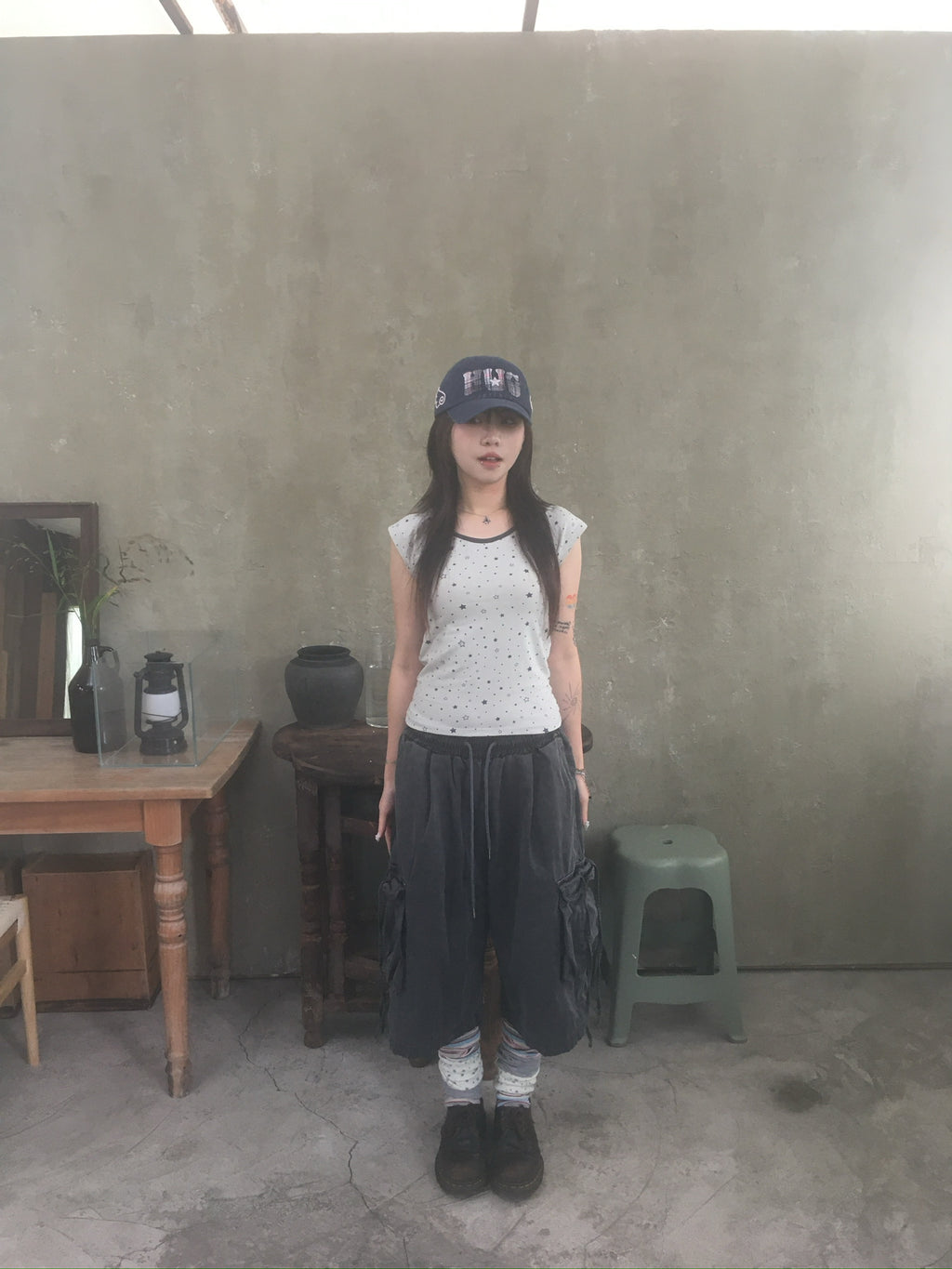 drawstring half cargo pants (charcoal)