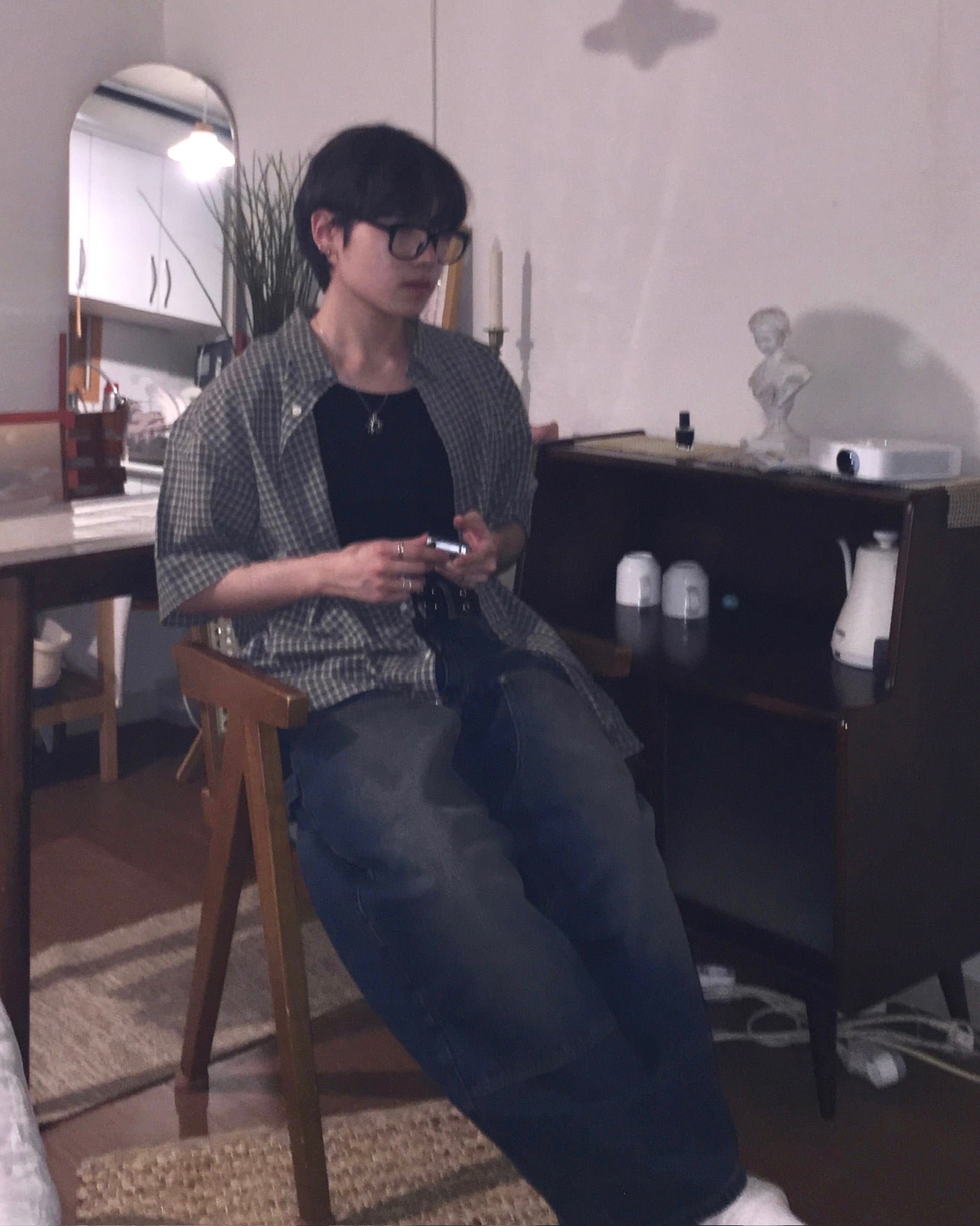 checked nylon shirt (khaki blue)
