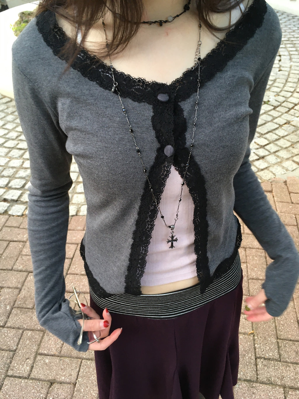 lace trim button cardigan (charcoal)