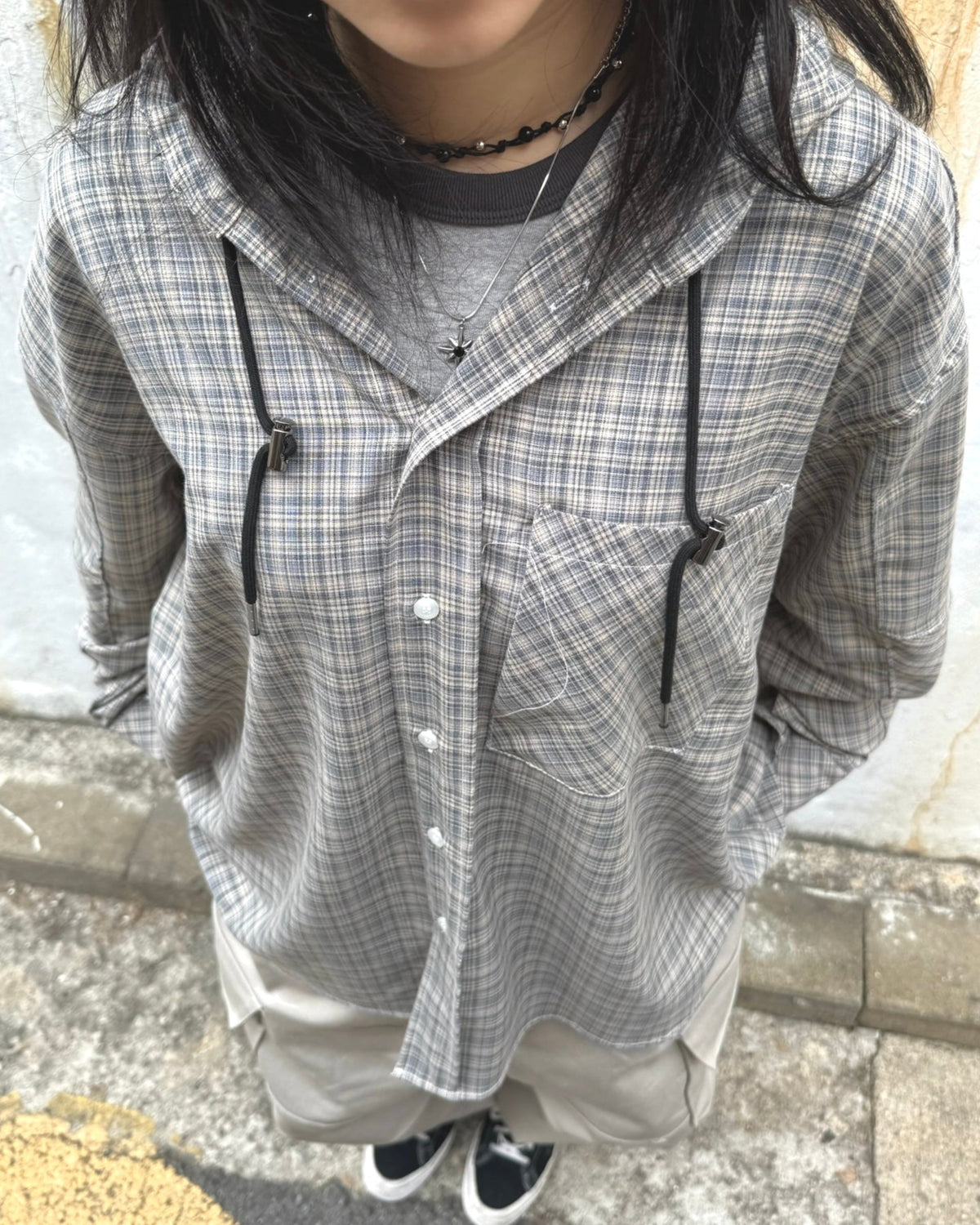 string checked hoodie shirt