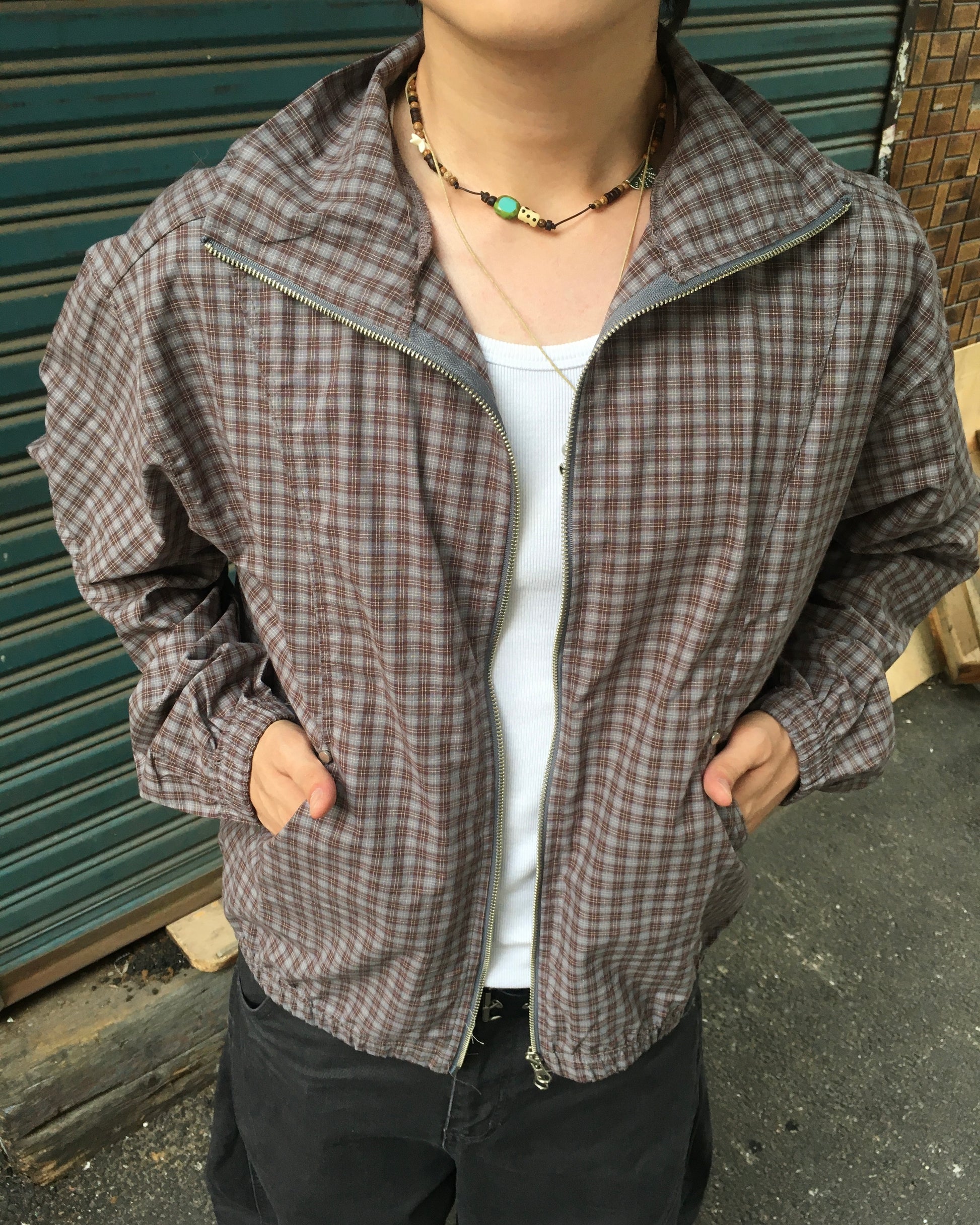 checked zipper jacket (sky/brown)