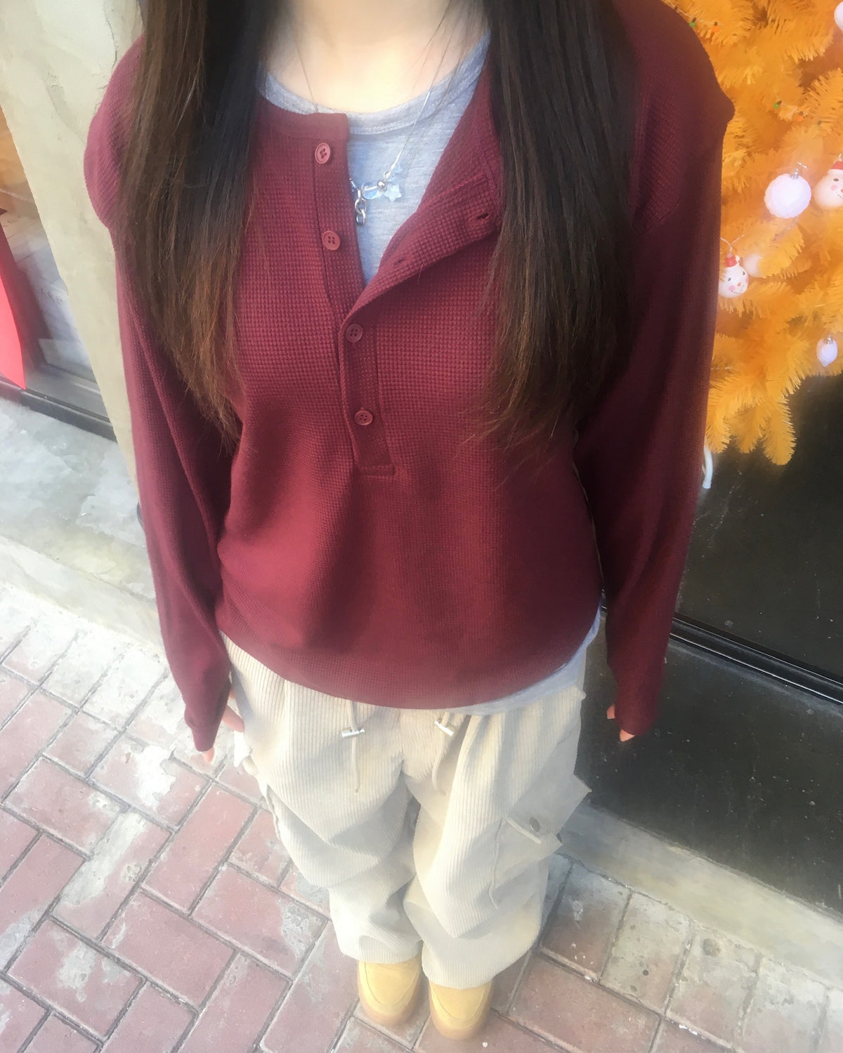 waffle henly neck shirt (wine)