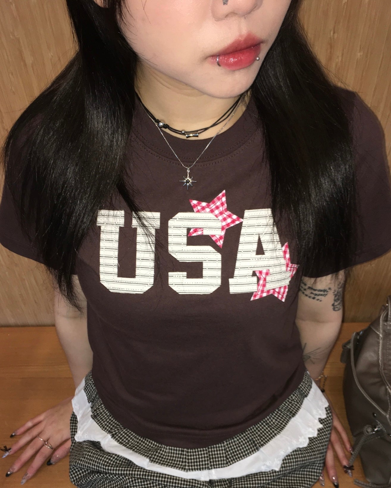 USA star crop tee (brown)