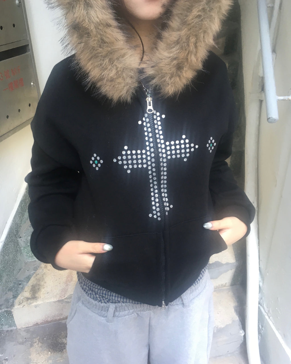 cross crop fur jacket (black)