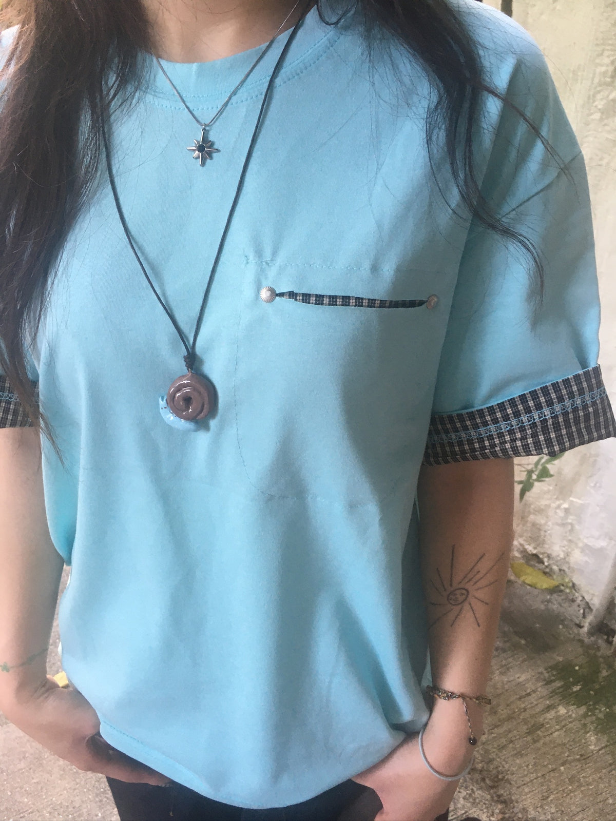 check roll-up pocket tee (mint)