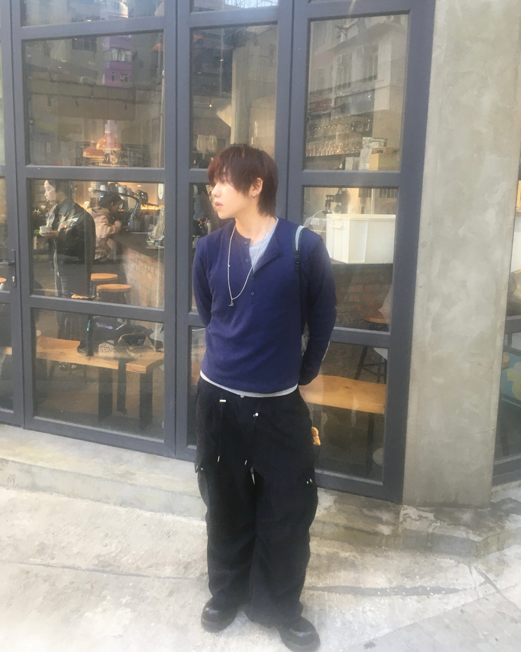 waffle henly neck shirt (navy)