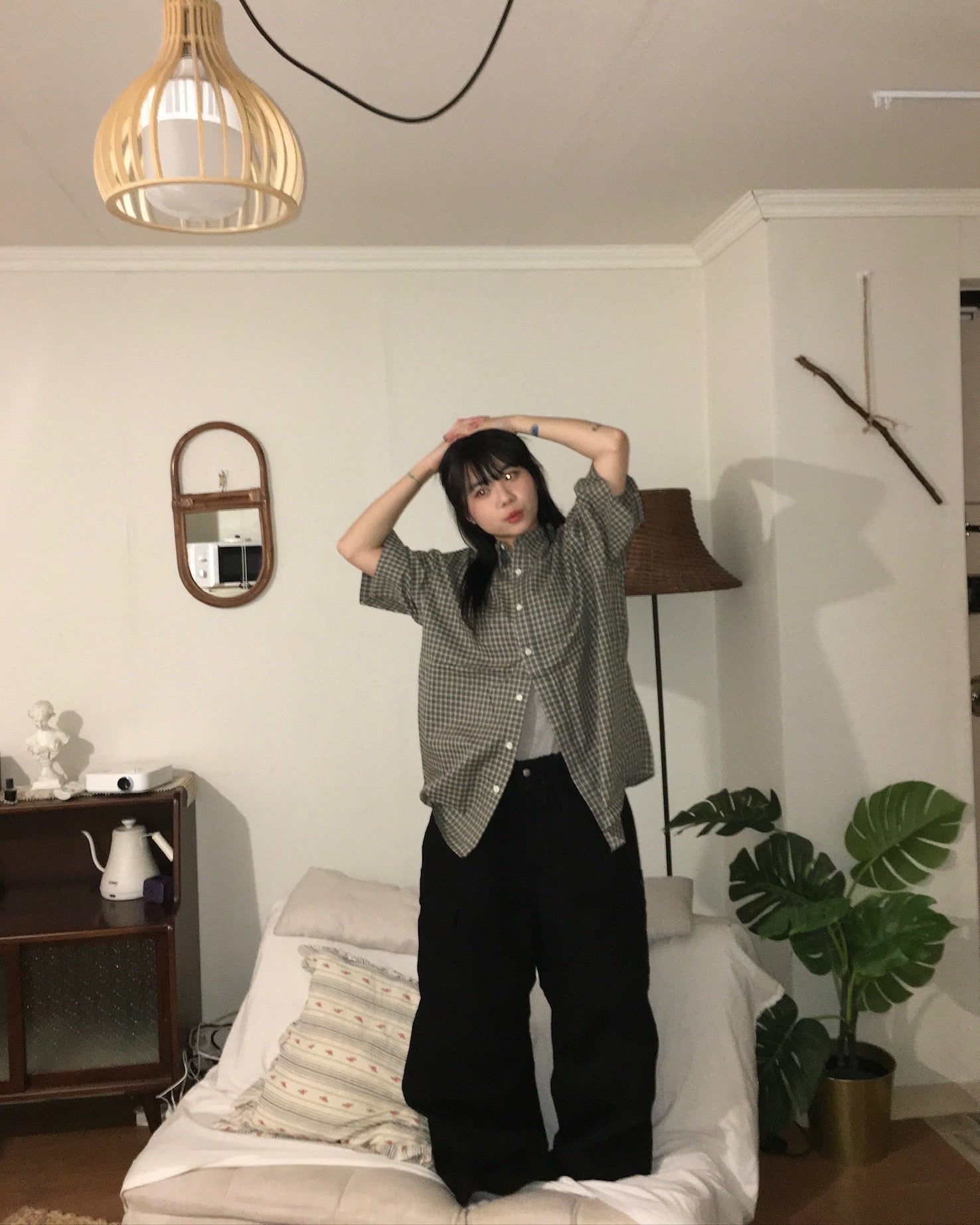 checked nylon shirt (khaki blue)