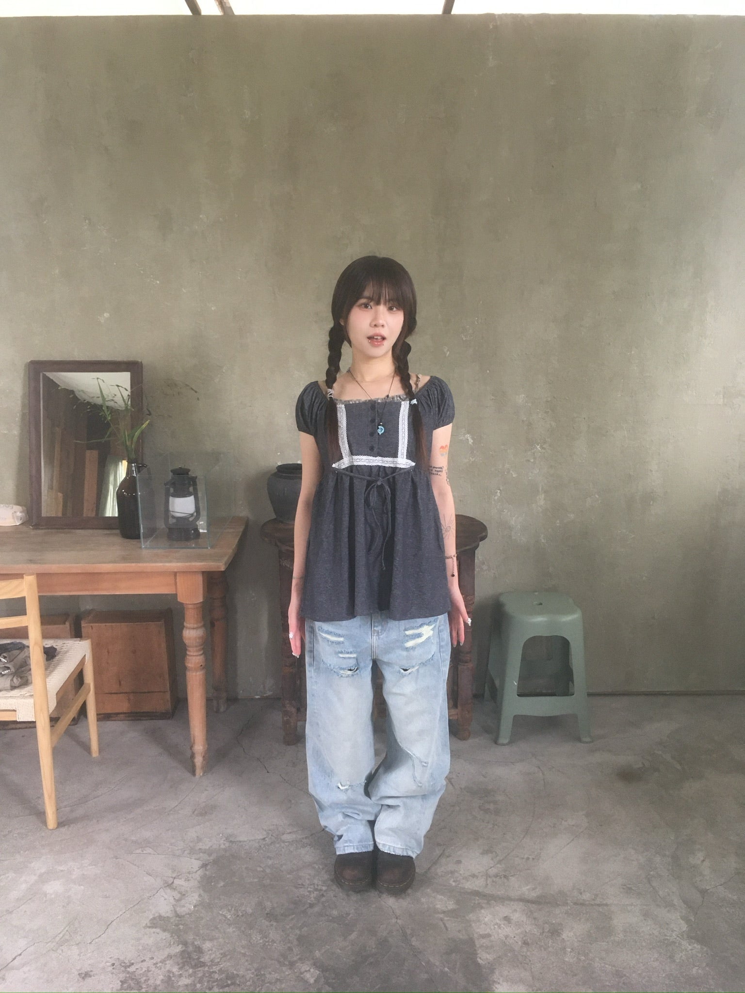 (★BEST) lace trim babydoll top (charcoal)